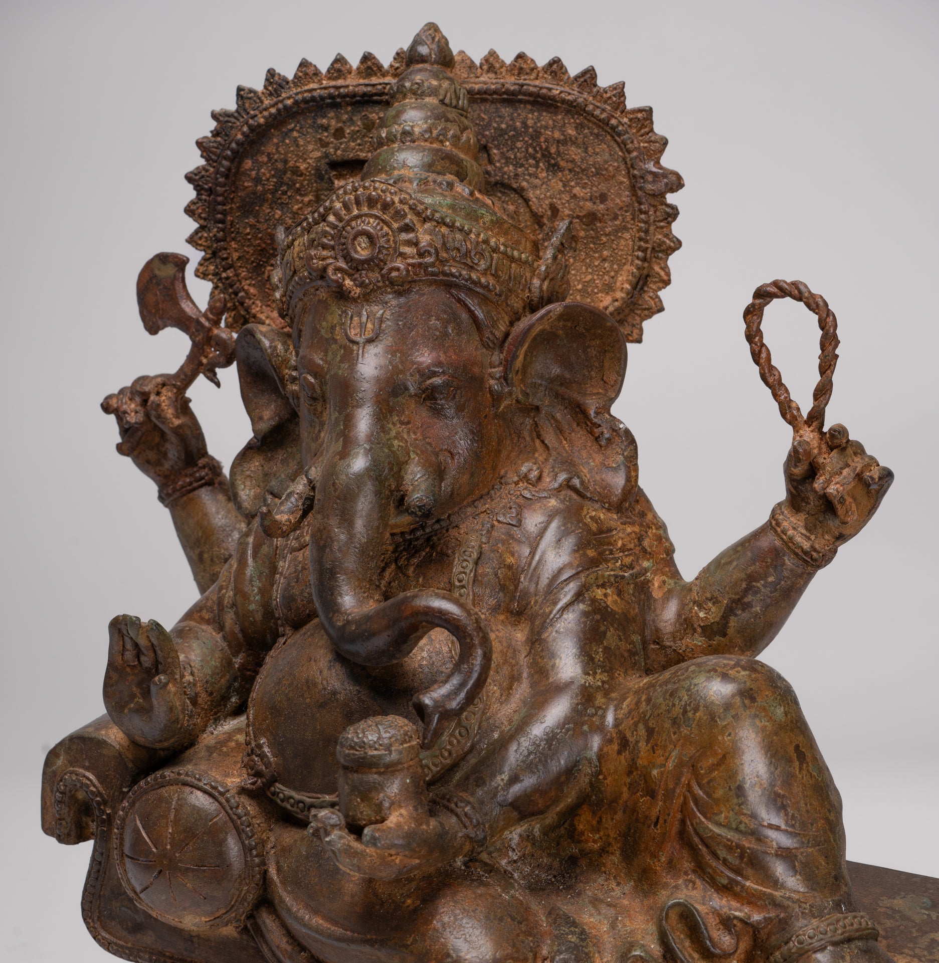 Ganesh - Antique Thai Style Bronze Reclining Ganesha Statue w/Mouse - 41cm/16"