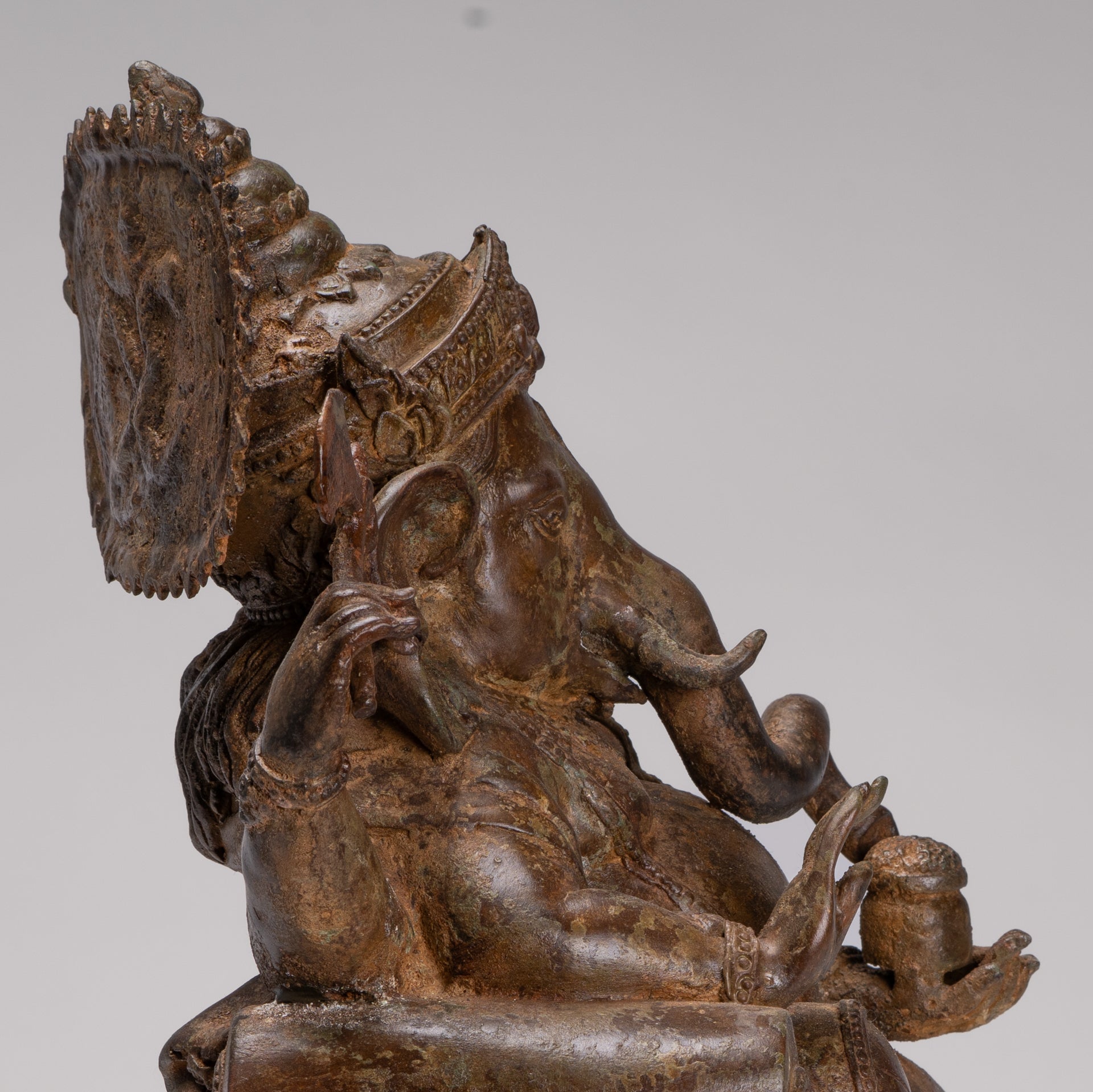 Ganesh - Antique Thai Style Bronze Reclining Ganesha Statue w/Mouse - 41cm/16"