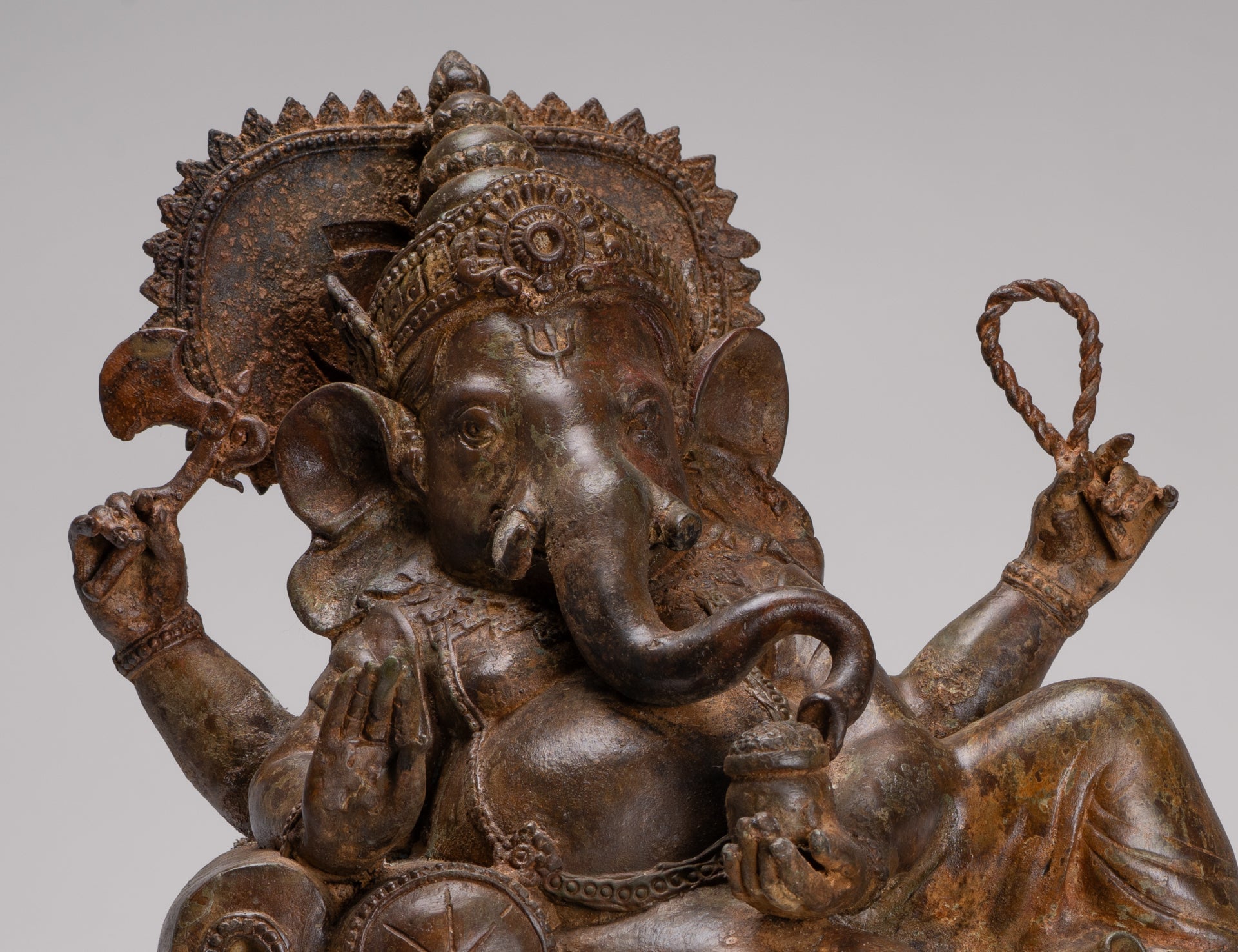 Ganesh - Antique Thai Style Bronze Reclining Ganesha Statue w/Mouse - 41cm/16"