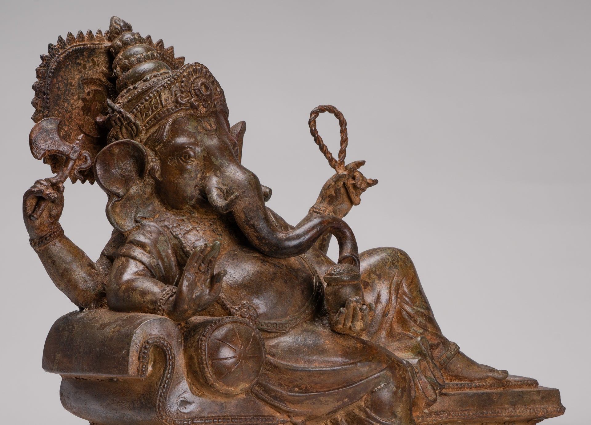 Ganesh - Antique Thai Style Bronze Reclining Ganesha Statue w/Mouse - 41cm/16"