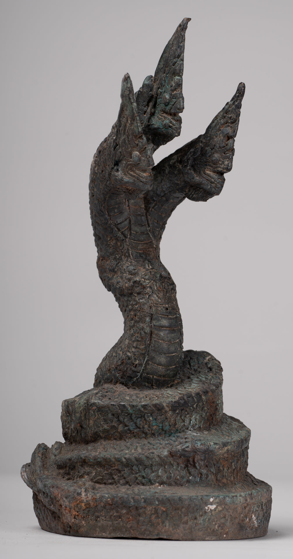 Antique Thai Style Bronze Three Head Protective Naga, Snake or Serpent Statue - 28cm/11"