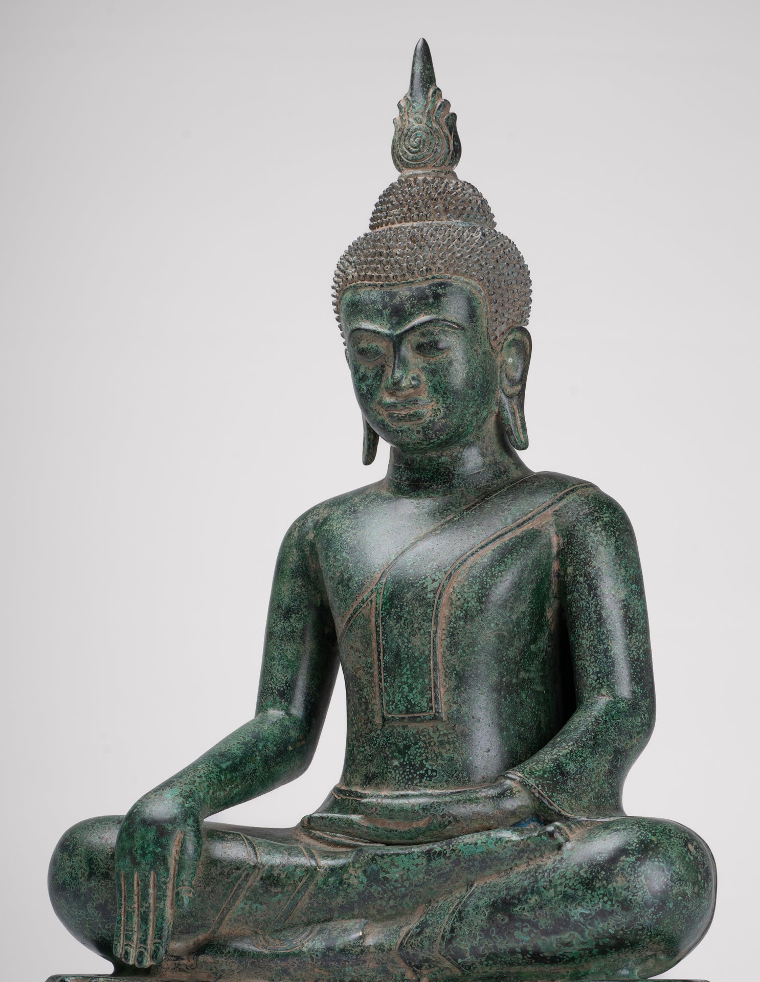Buddha Statue - Antique Khmer Style Bronze Enthroned Enlightenment Buddha Statue - 50cm/20"