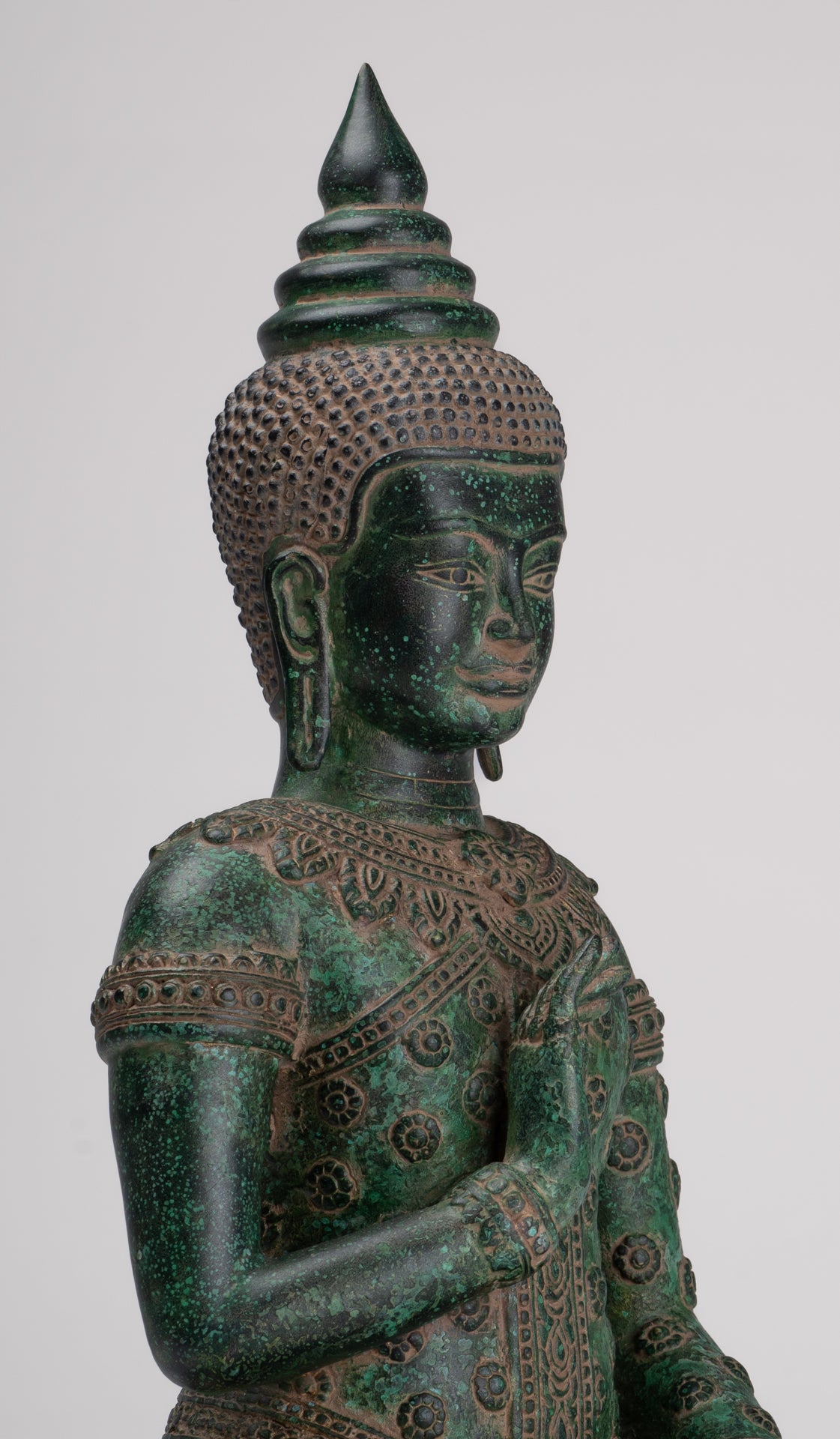 Buddha Statue - Antique Khmer Style Bronze Buddha Statue Dharmachakra Teaching Mudra - 36cm/14"