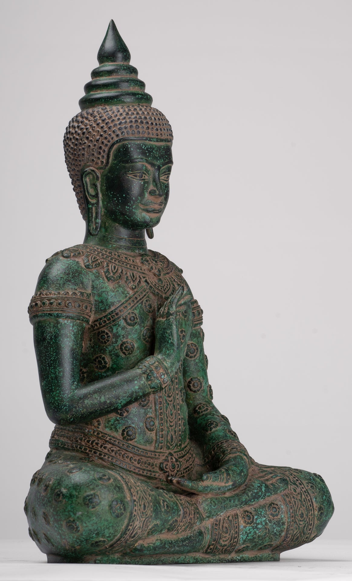Buddha Statue - Antique Khmer Style Bronze Buddha Statue Dharmachakra Teaching Mudra - 36cm/14"