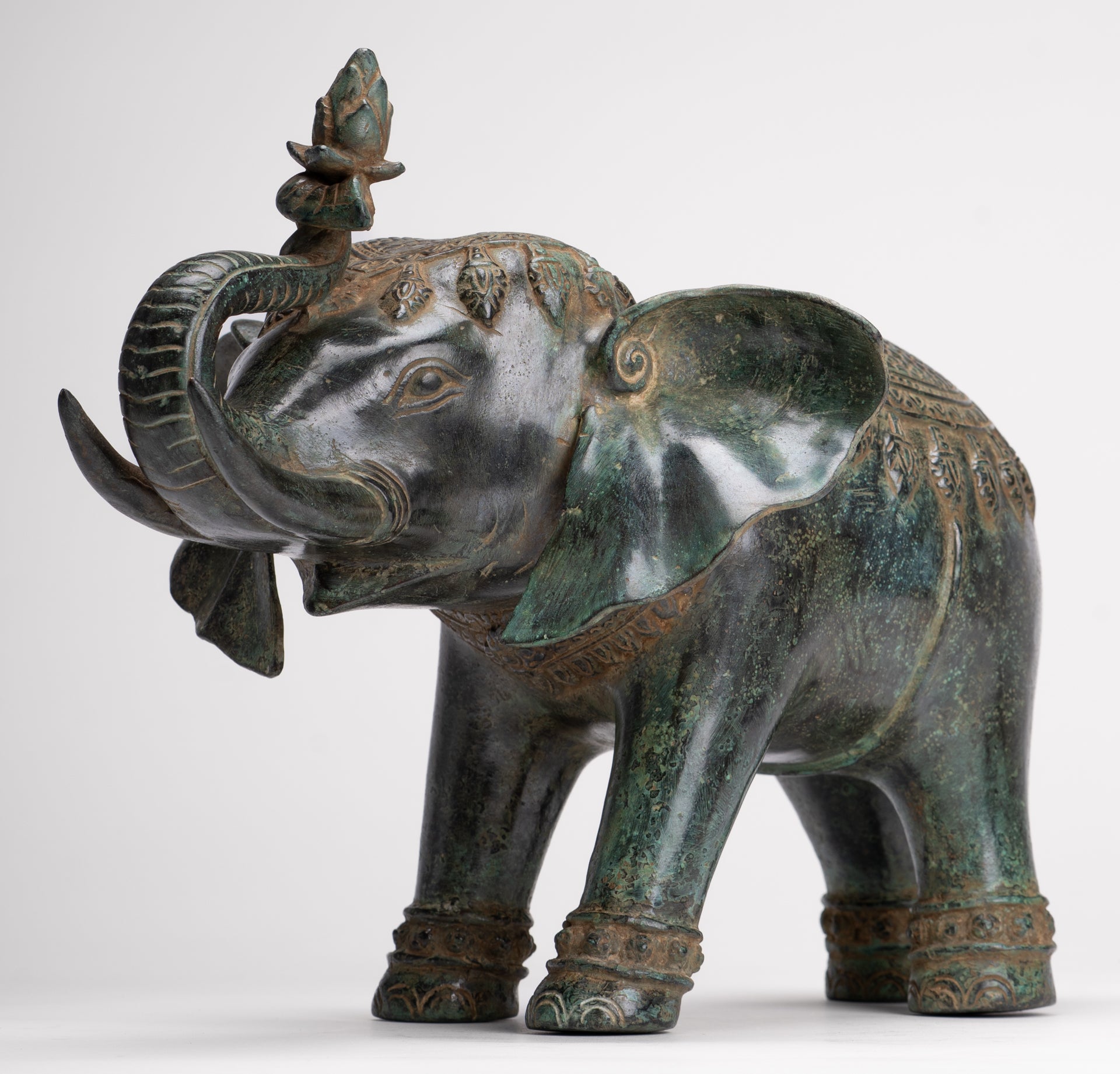 Antique Khmer Style Bronze Trumpeting Elephant Statue - 25cm/10" Tall