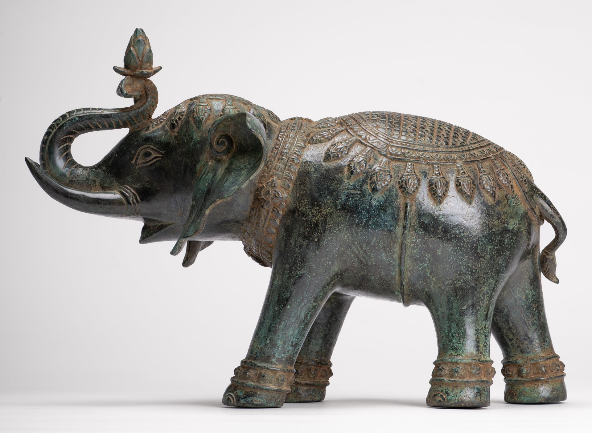 Antique Khmer Style Bronze Trumpeting Elephant Statue - 25cm/10" Tall