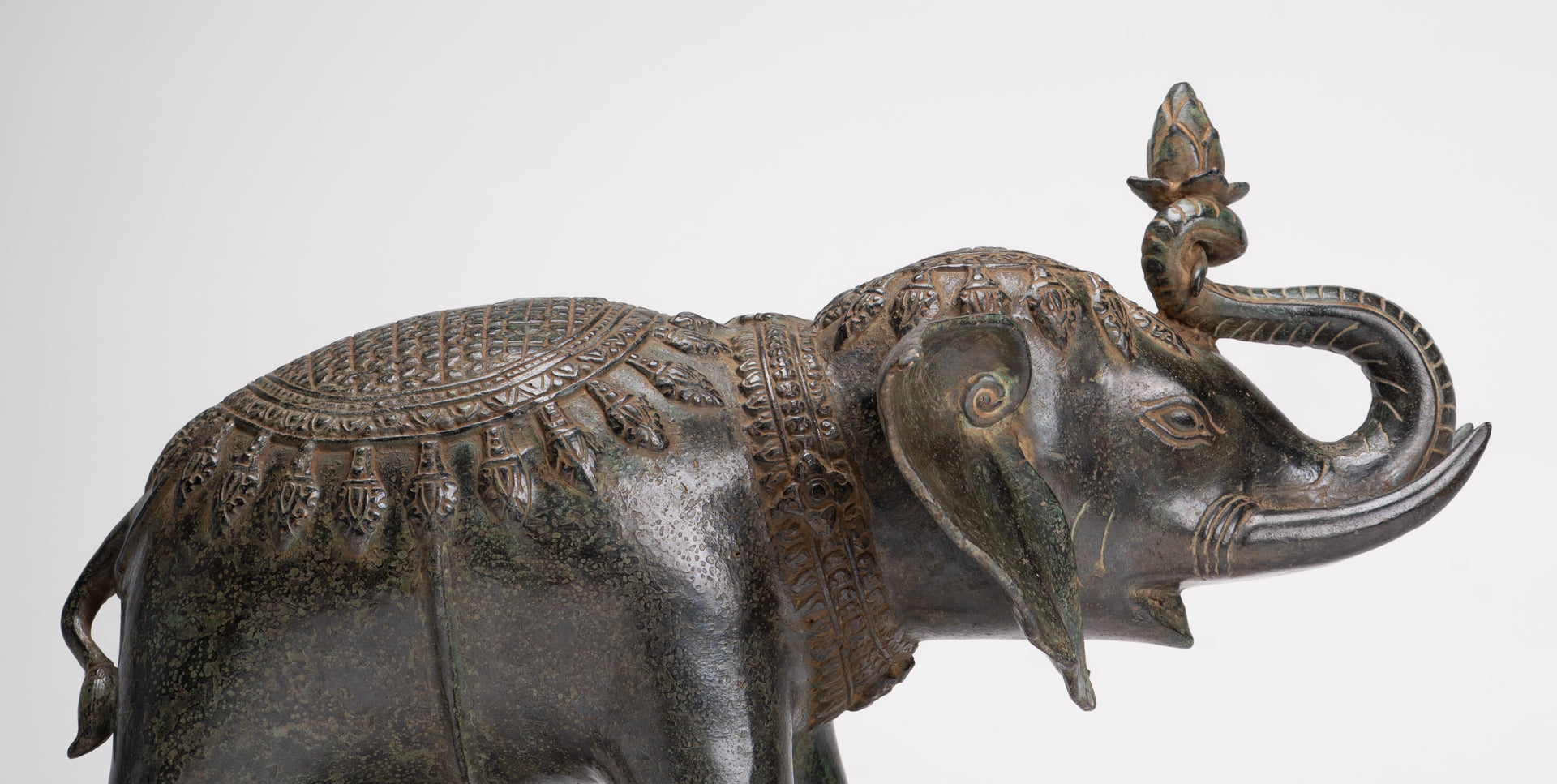 Antique Khmer Style Bronze Trumpeting Elephant Statue - 25cm/10" Tall