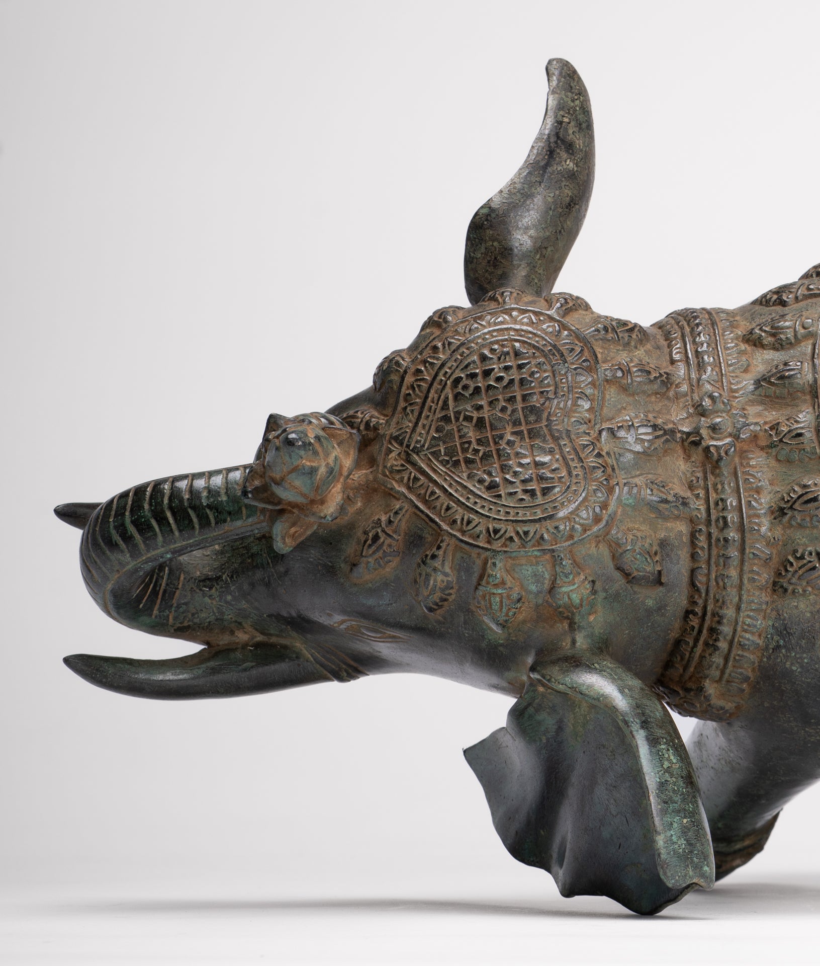 Antique Khmer Style Bronze Trumpeting Elephant Statue - 25cm/10" Tall