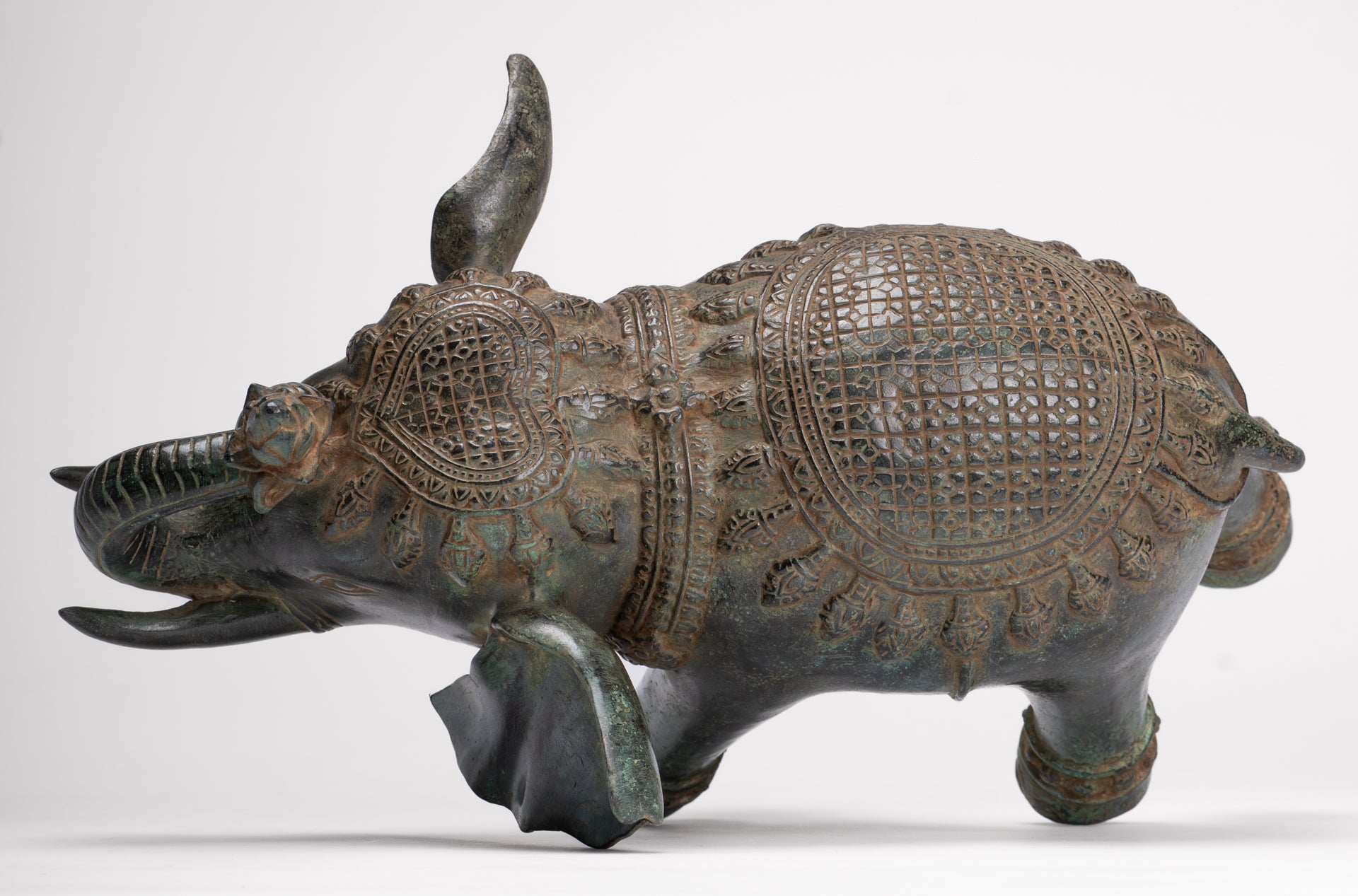 Antique Khmer Style Bronze Trumpeting Elephant Statue - 25cm/10" Tall