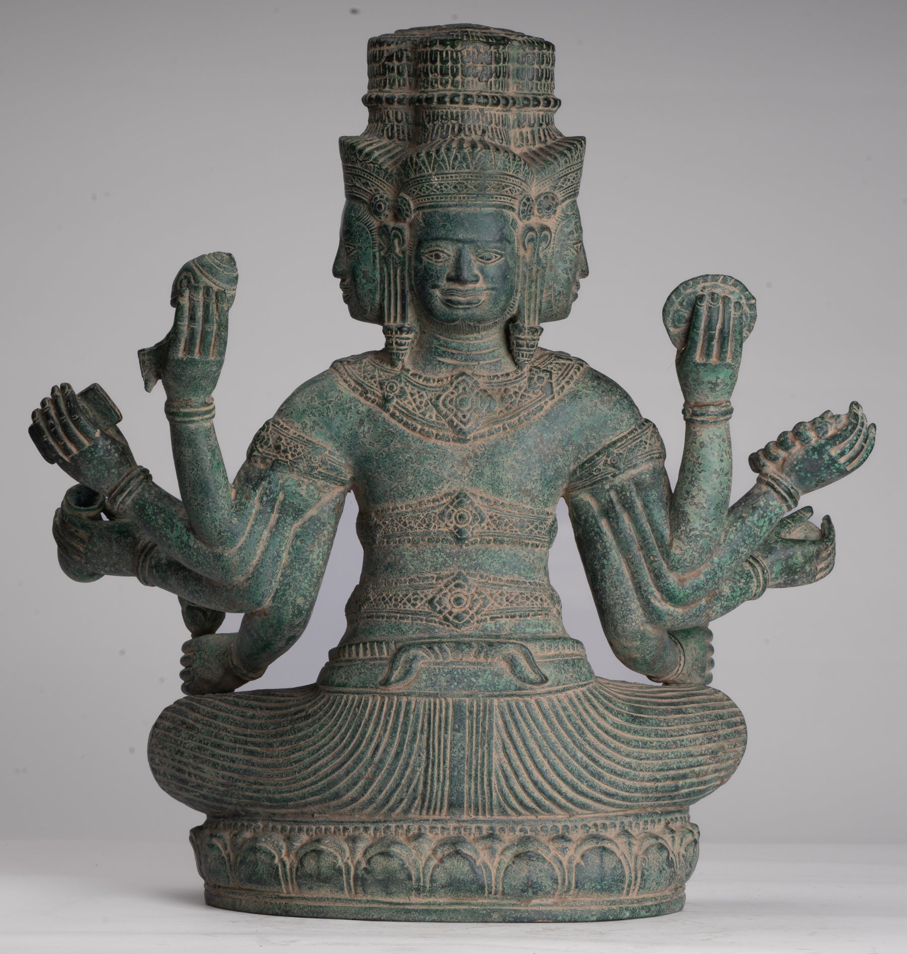Brahma Statue - Antique Khmer Style Bronze 8 Arm Bayon Brahma - Hindu God Creation - 40cm/16"