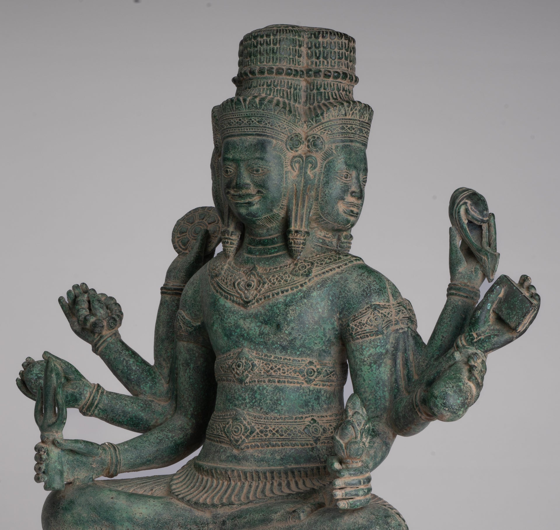 Brahma Statue - Antique Khmer Style Bronze 8 Arm Bayon Brahma - Hindu God Creation - 40cm/16"
