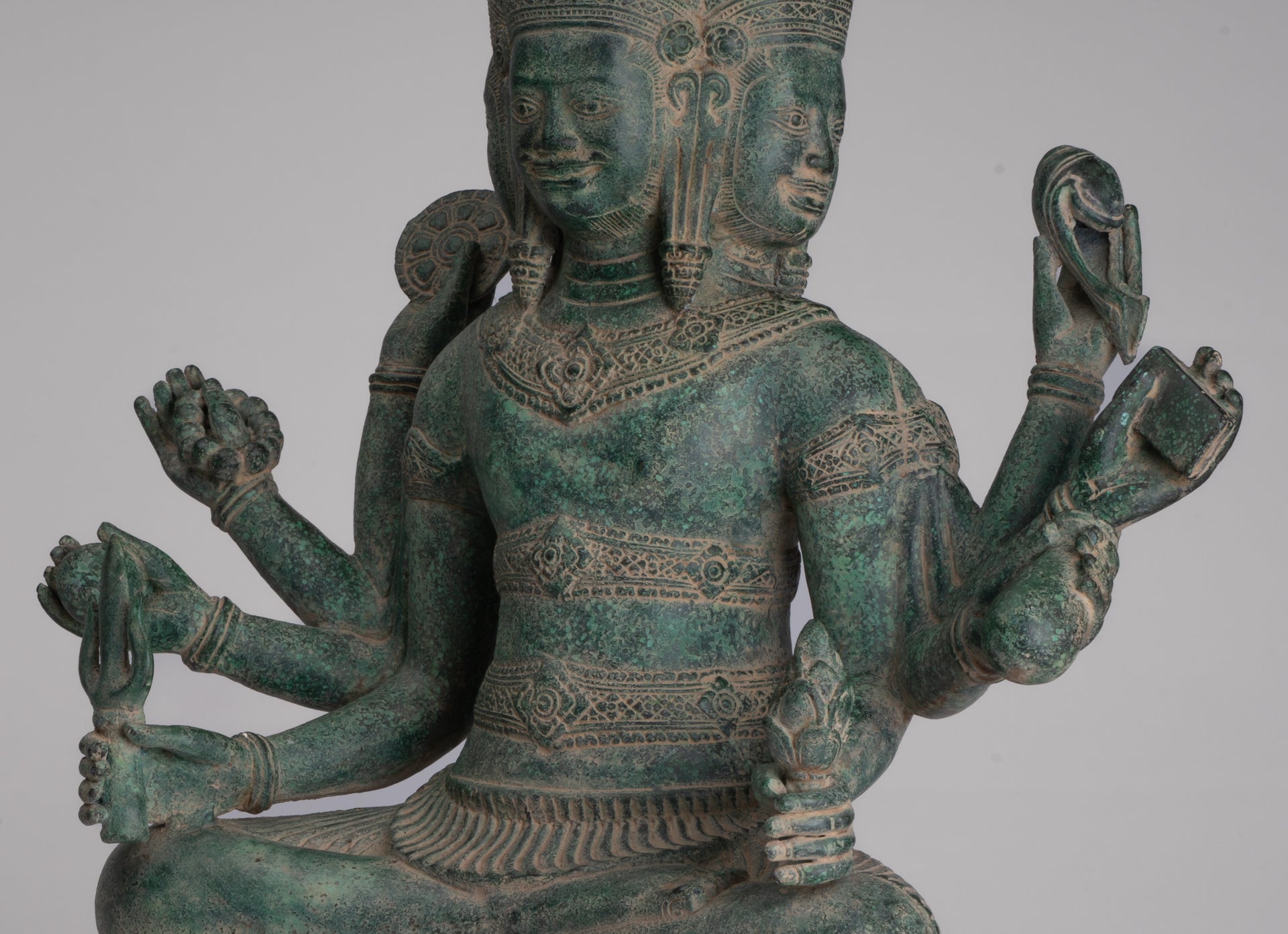 Brahma Statue - Antique Khmer Style Bronze 8 Arm Bayon Brahma - Hindu God Creation - 40cm/16"