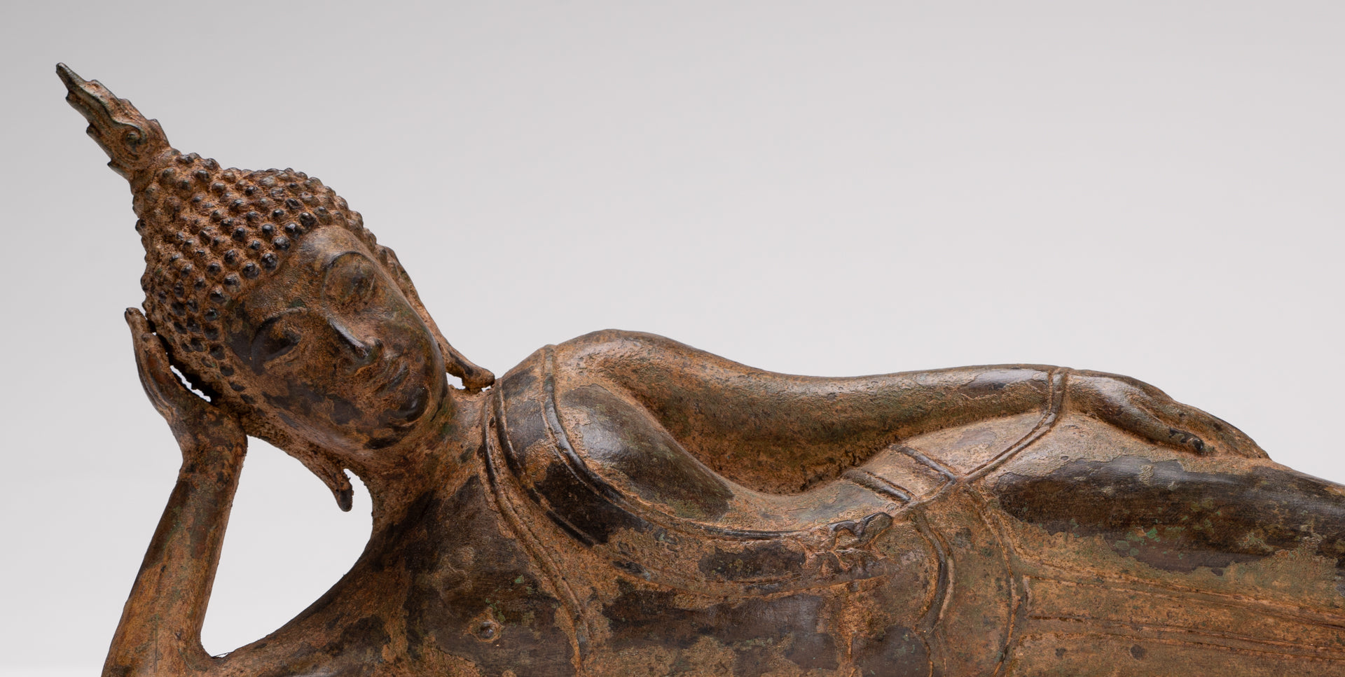Buddha Statue - Antique Thai Style Bronze Sukhothai Reclining Nirvana Buddha Statue - 43cm/17"