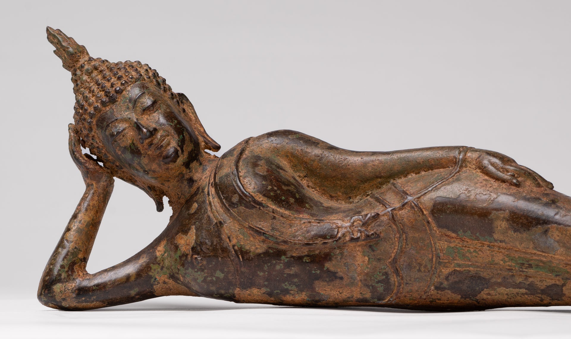 Buddha Statue - Antique Thai Style Bronze Sukhothai Reclining Nirvana Buddha Statue - 43cm/17"