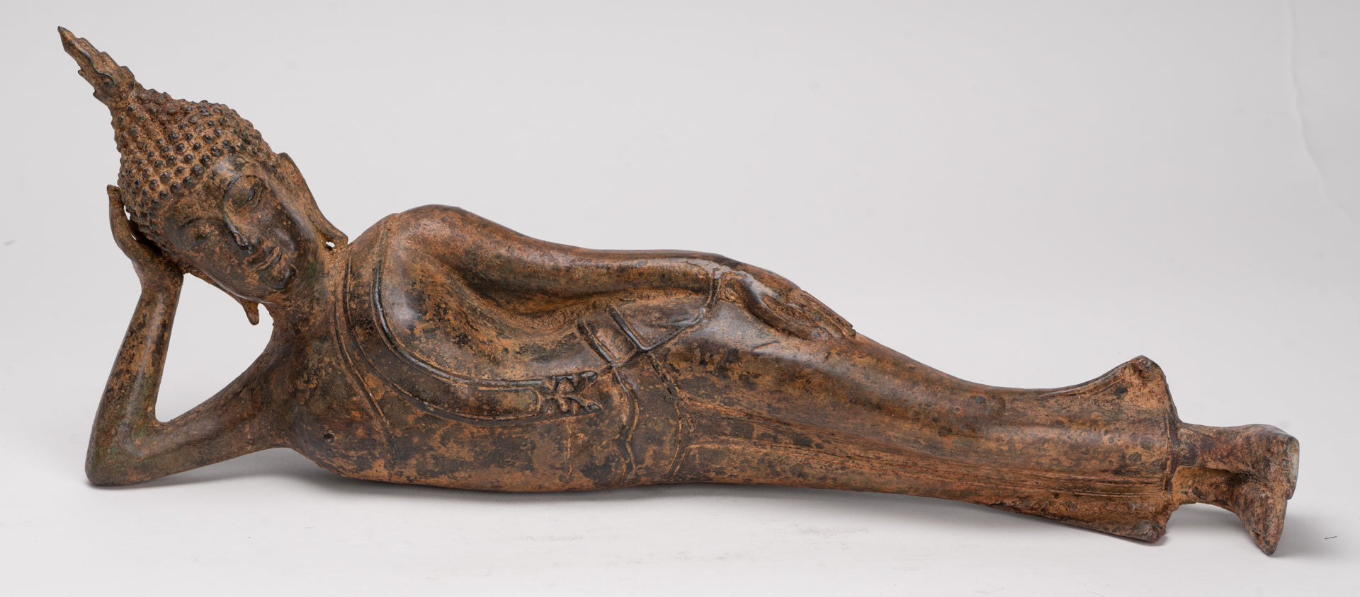 Buddha Statue - Antique Thai Style Bronze Sukhothai Reclining Nirvana Buddha Statue - 43cm/17"