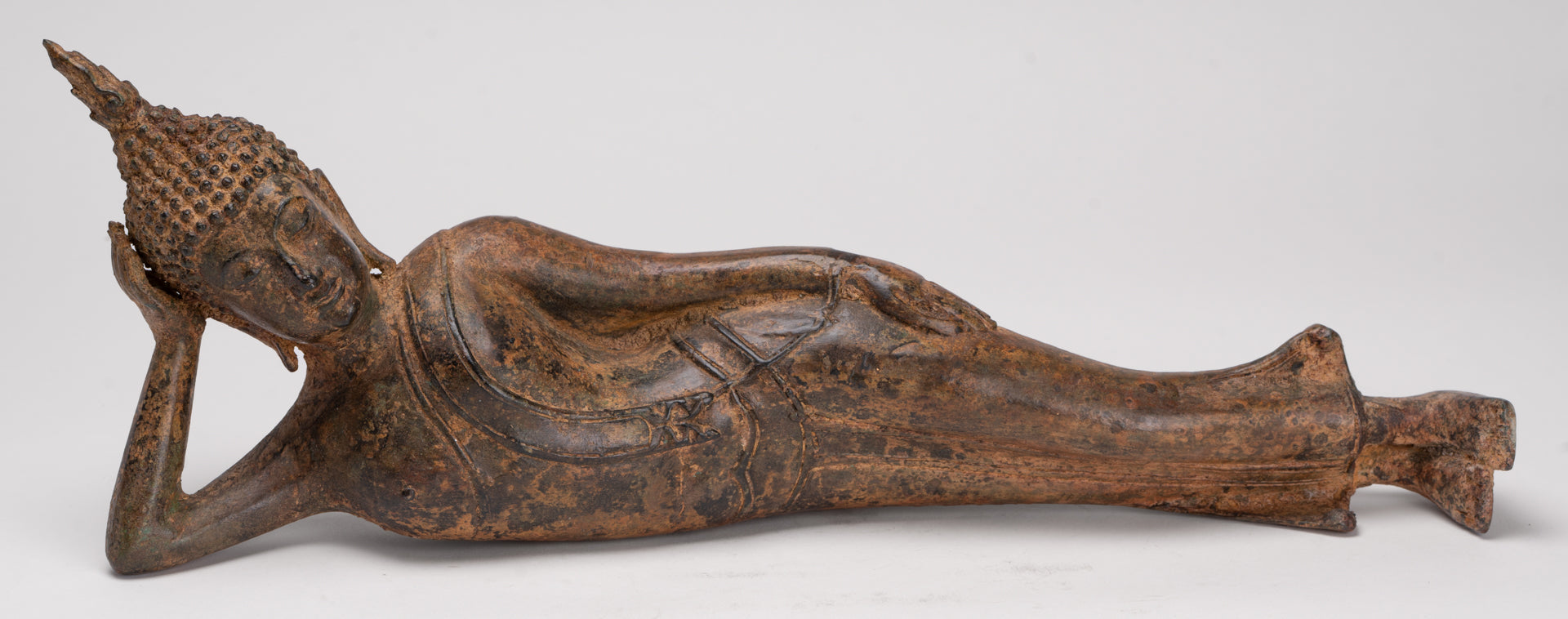 Buddha Statue - Antique Thai Style Bronze Sukhothai Reclining Nirvana Buddha Statue - 43cm/17"