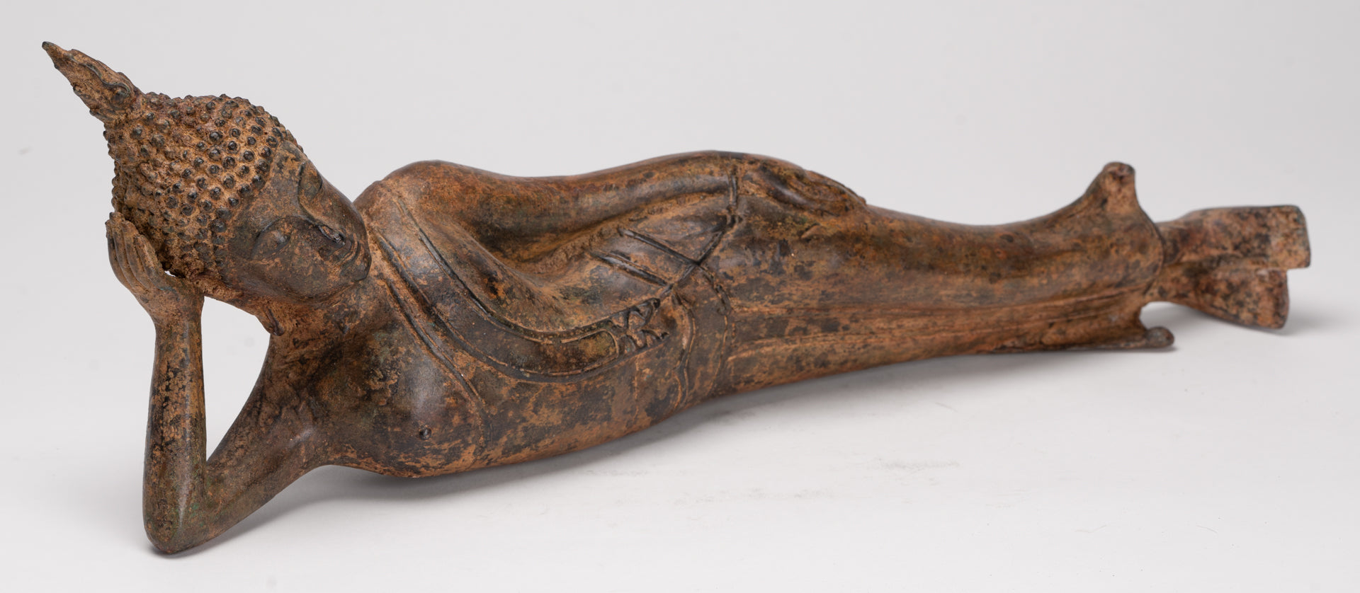 Buddha Statue - Antique Thai Style Bronze Sukhothai Reclining Nirvana Buddha Statue - 43cm/17"