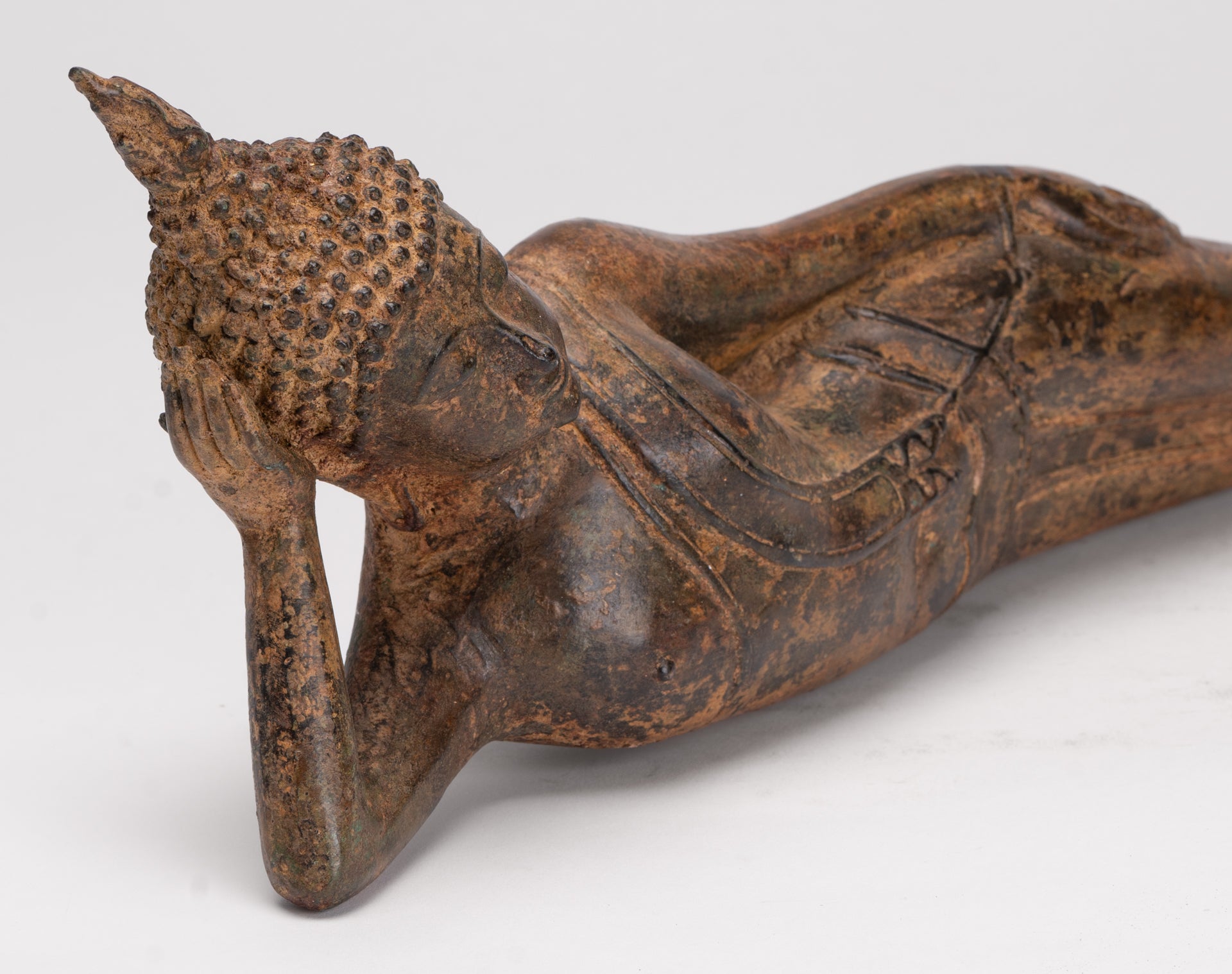 Buddha Statue - Antique Thai Style Bronze Sukhothai Reclining Nirvana Buddha Statue - 43cm/17"