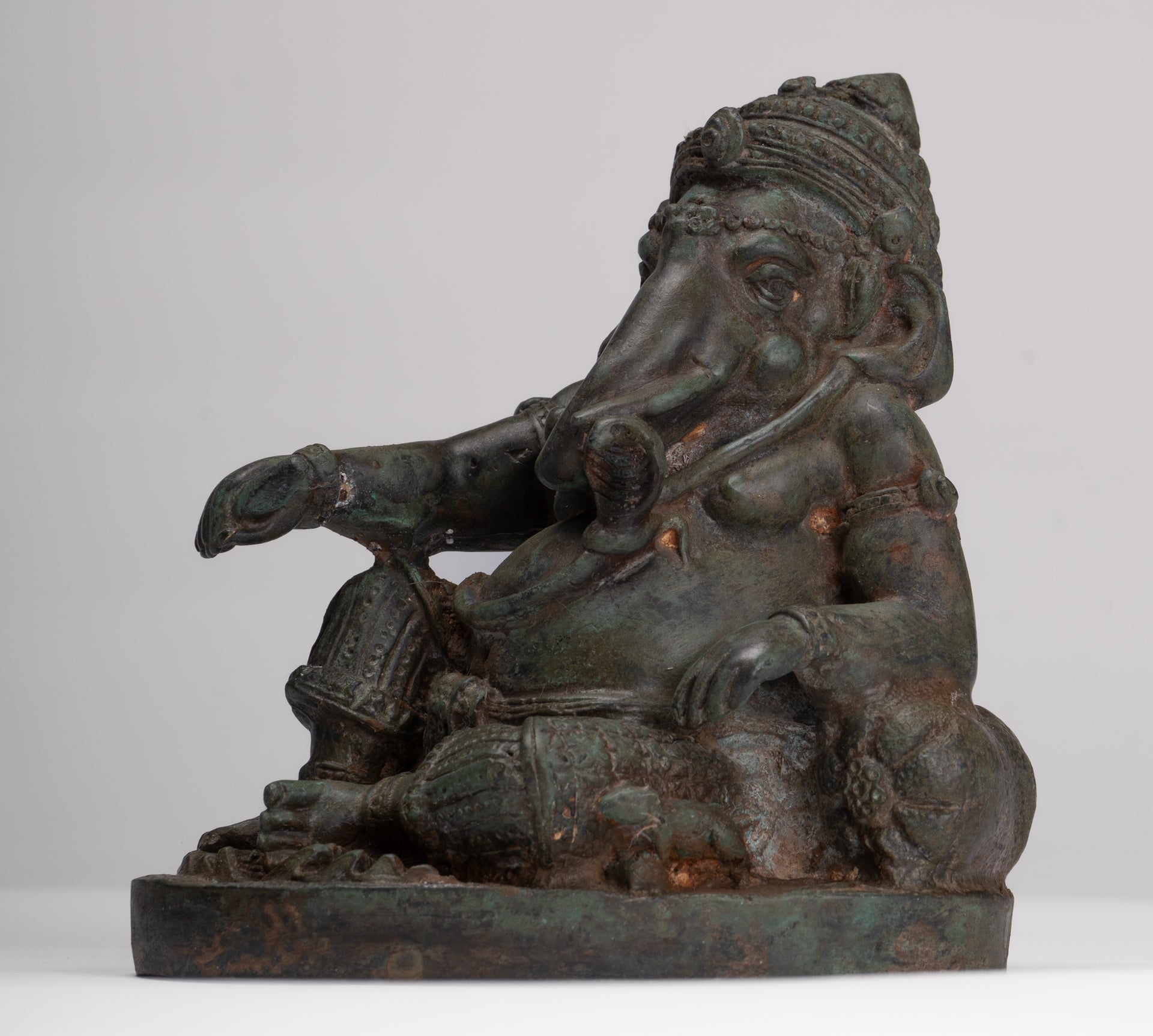 Ganesha Statue - Antique Thai Style Bronze Reclining Ganesha Statue - 17cm/7"
