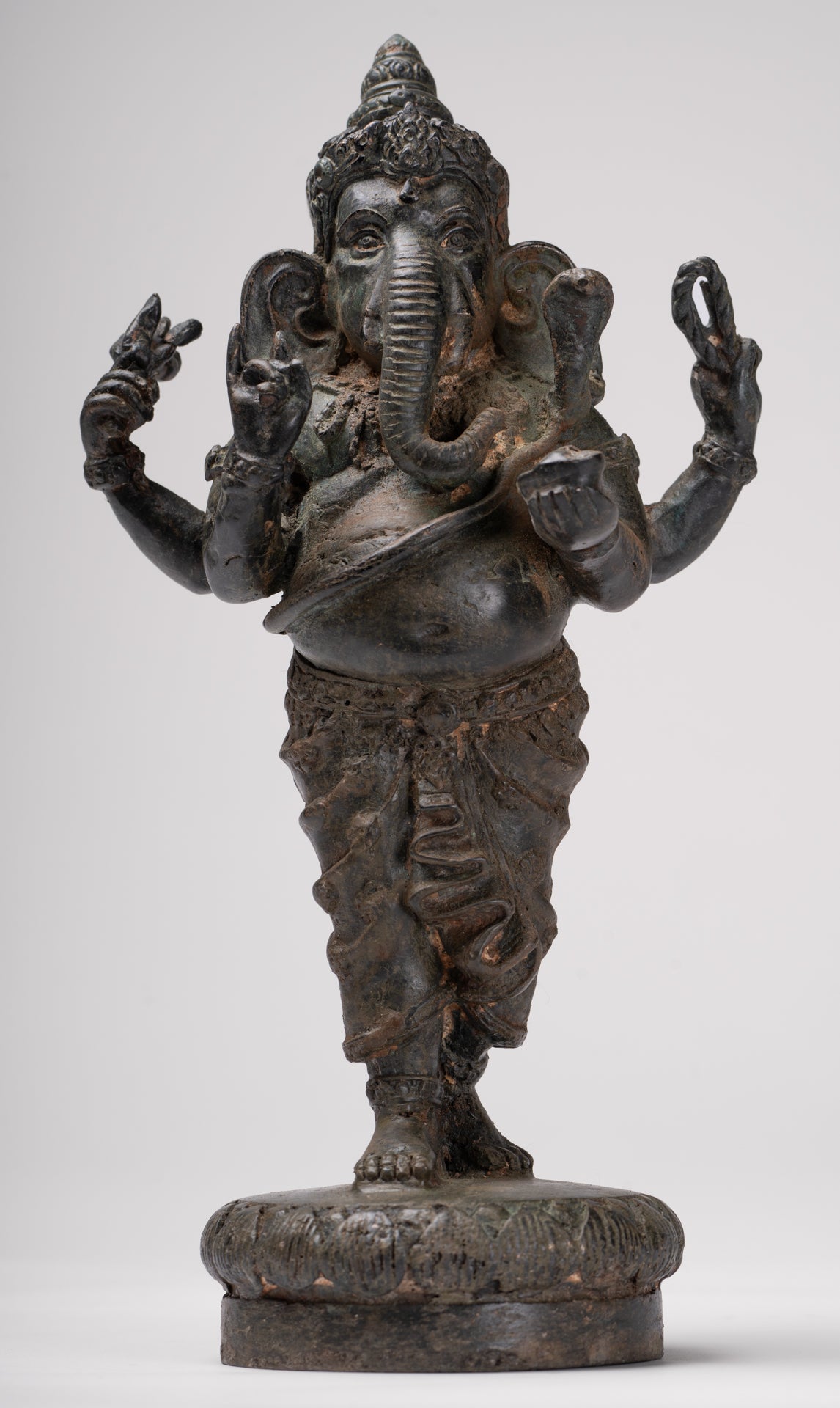Ganesha Statue - Antique Thai Style Bronze Standing 4-Arm Ganesha Statue - 26cm/10"