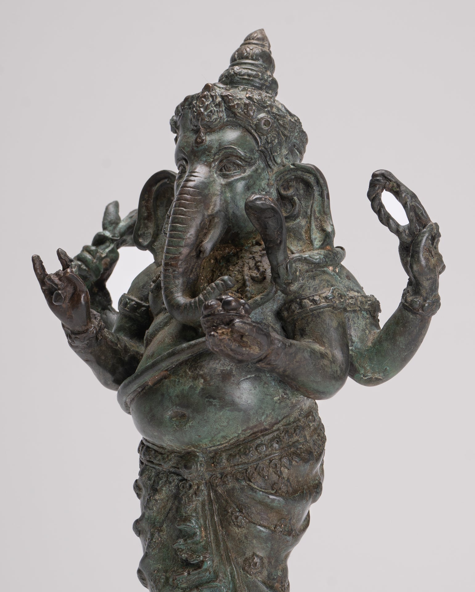 Ganesha Statue - Antique Thai Style Bronze Standing 4-Arm Ganesha Statue - 26cm/10"