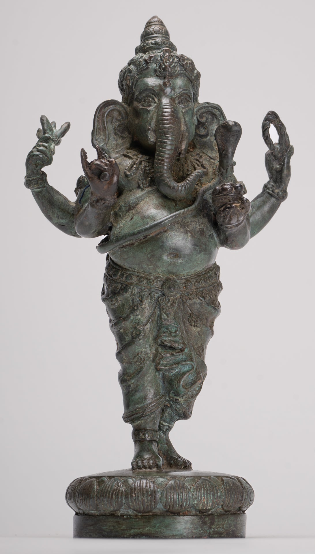 Ganesha Statue - Antique Thai Style Bronze Standing 4-Arm Ganesha Statue - 26cm/10"