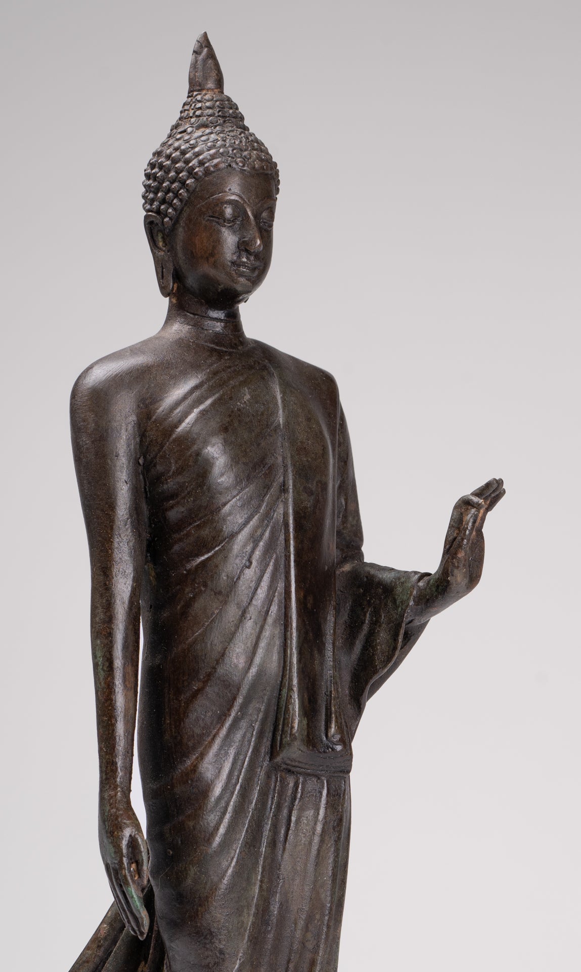 Antique Sukhothai Style Standing Bronze Protection Walking Buddha Statue - 33cm/13"