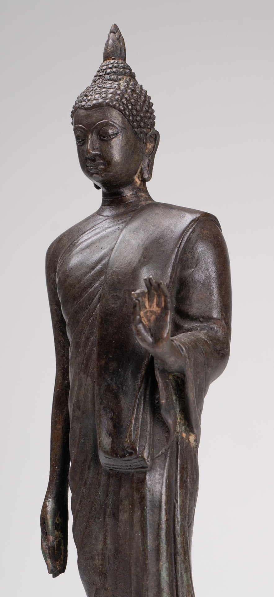 Antique Sukhothai Style Standing Bronze Protection Walking Buddha Statue - 33cm/13"