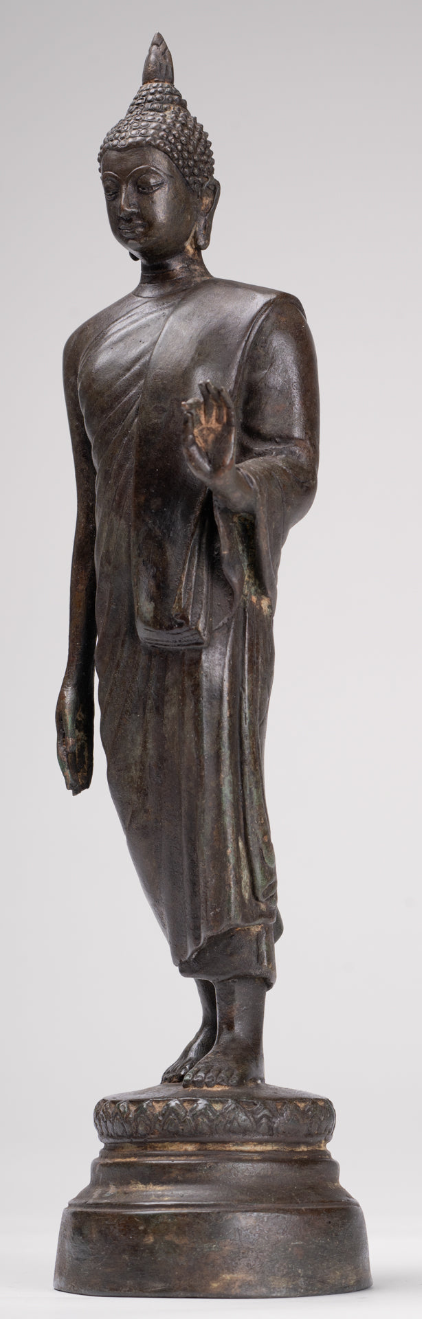 Antique Sukhothai Style Standing Bronze Protection Walking Buddha Statue - 33cm/13"