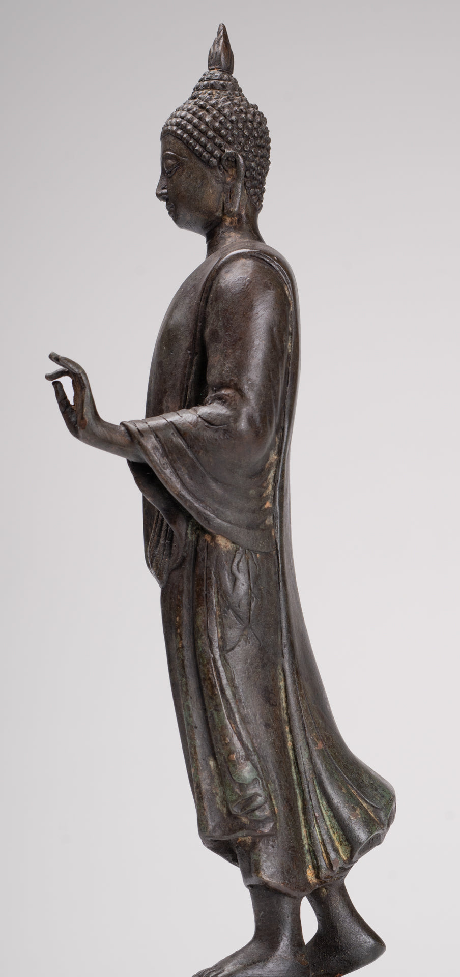 Antique Sukhothai Style Standing Bronze Protection Walking Buddha Statue - 33cm/13"
