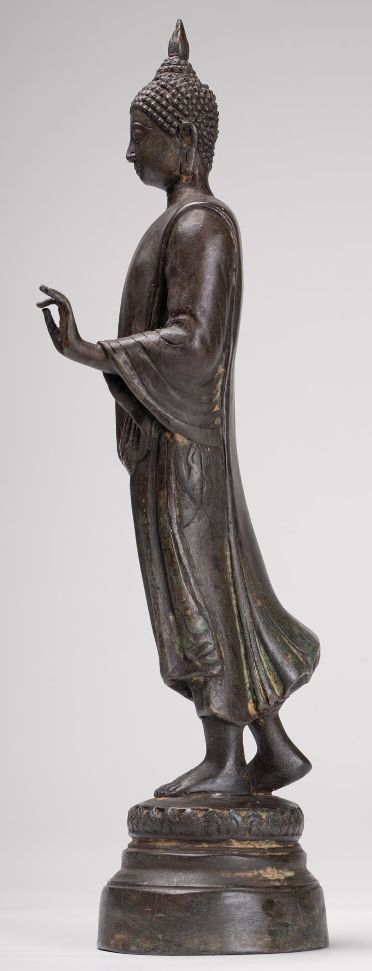 Antique Sukhothai Style Standing Bronze Protection Walking Buddha Statue - 33cm/13"