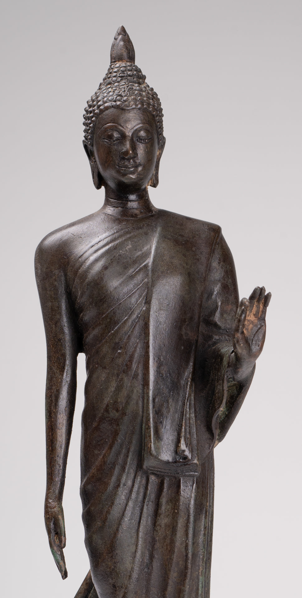 Antique Sukhothai Style Standing Bronze Protection Walking Buddha Statue - 33cm/13"