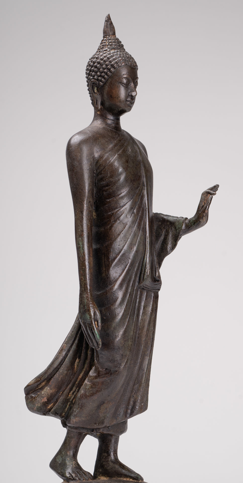 Antique Sukhothai Style Standing Bronze Protection Walking Buddha Statue - 33cm/13"