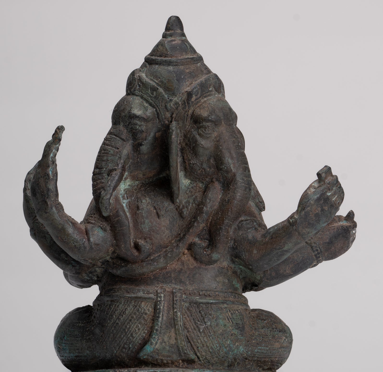 Ganesha Statue - Antique Thai Style Bronze Seated 6-Arm Ganesha Statue - 19cm/8"