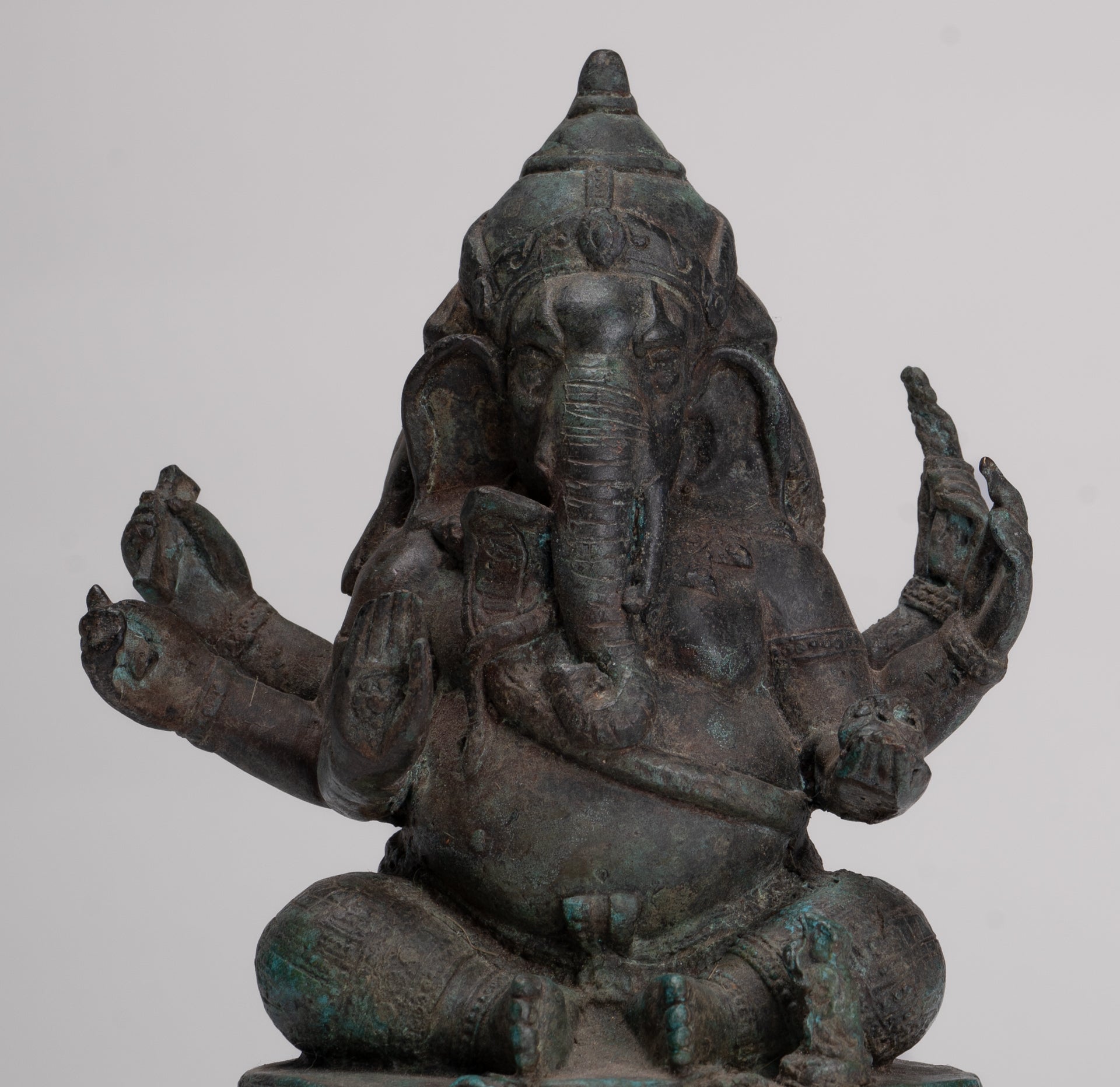 Ganesha Statue - Antique Thai Style Bronze Seated 6-Arm Ganesha Statue - 19cm/8"