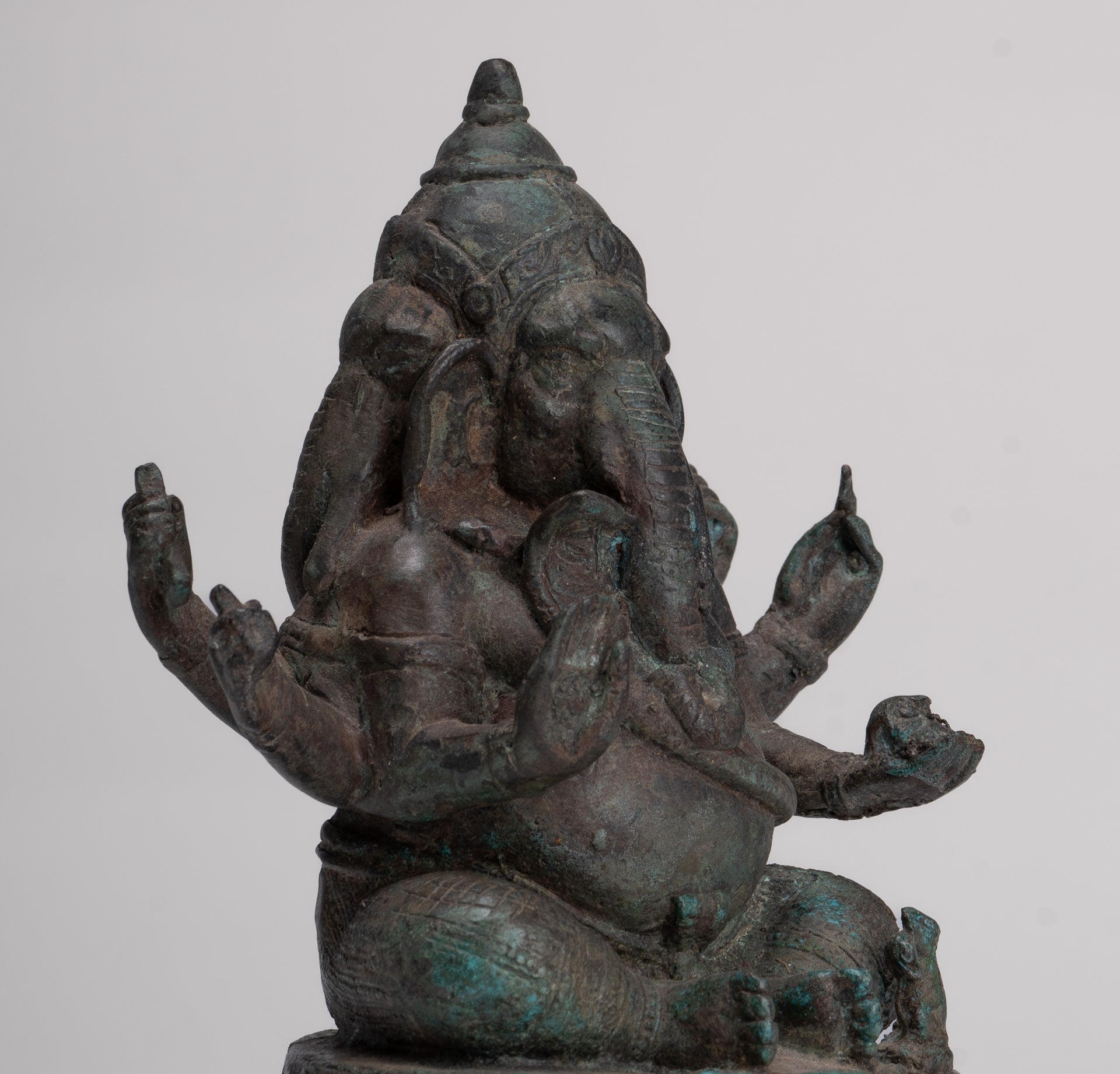Ganesha Statue - Antique Thai Style Bronze Seated 6-Arm Ganesha Statue - 19cm/8"