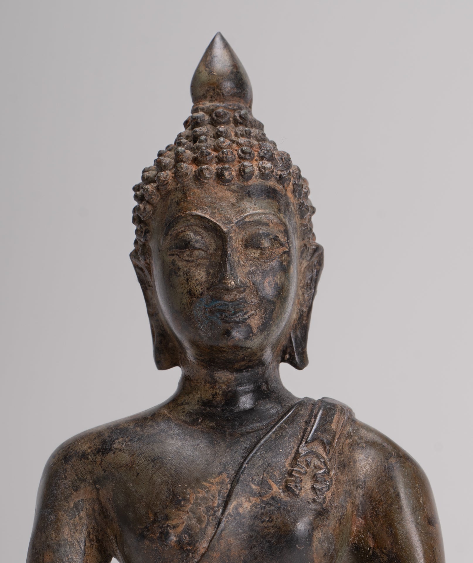 Buddha Statue - Antique Thai Style Bronze Chiang Saen Enlightenment Buddha Statue - 18cm/7"
