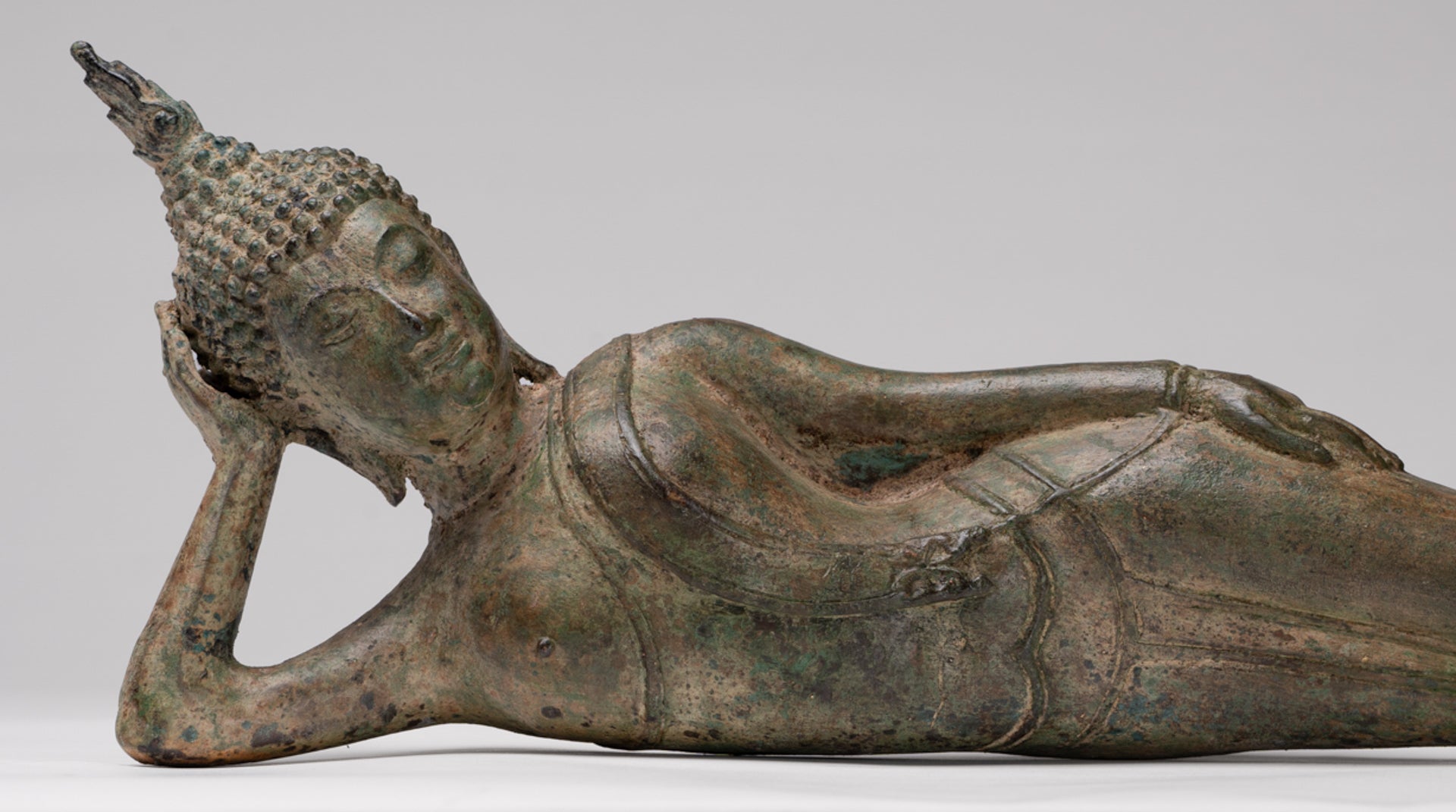 Buddha Statue - Antique Thai Style Bronze Sukhothai Reclining Nirvana Buddha Statue - 43cm/17"