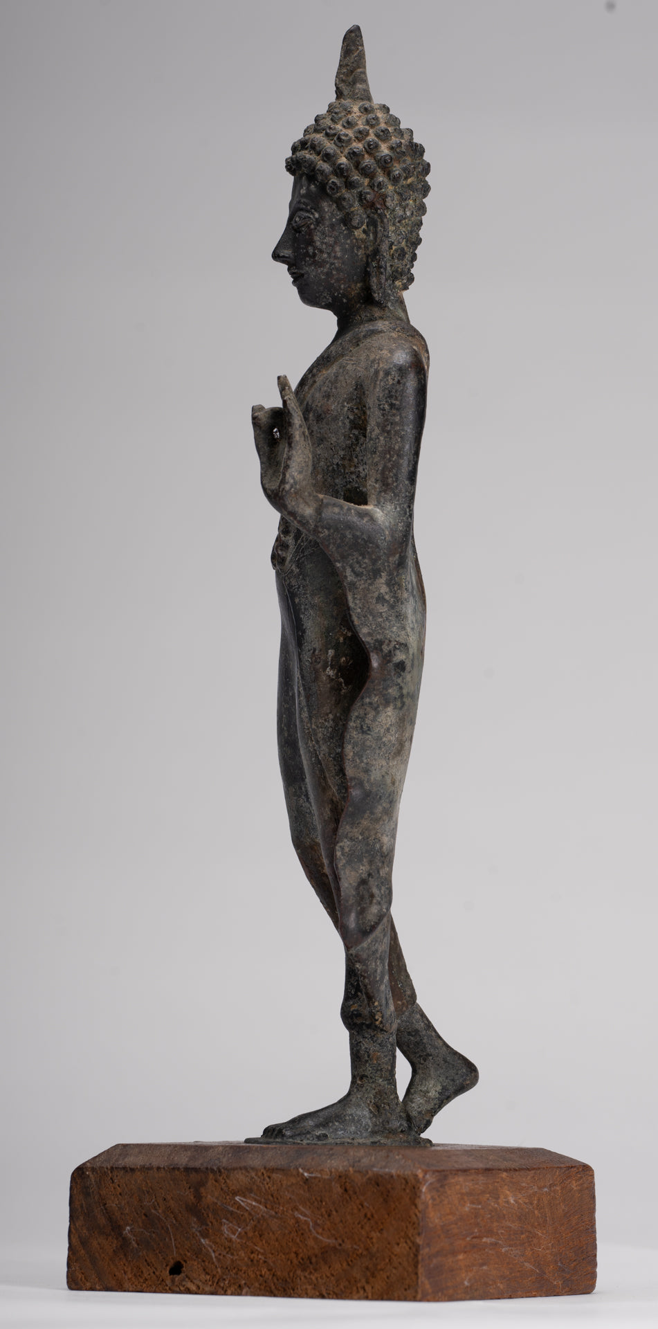 Antique Sukhothai Style Standing Bronze Protection Walking Buddha Statue - 31cm/12"