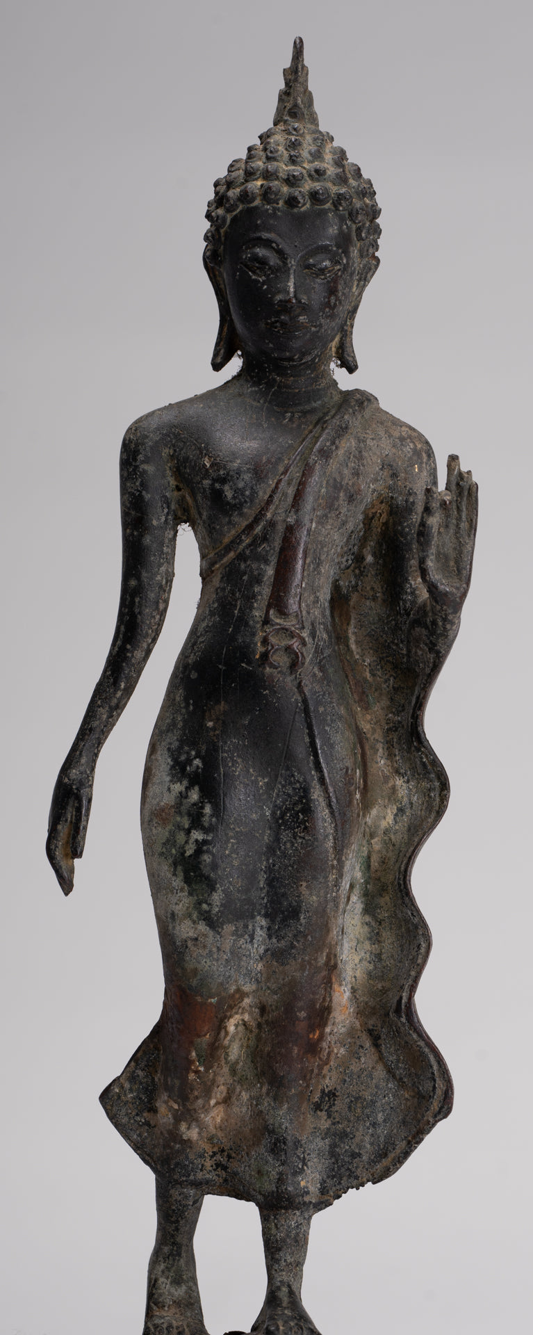 Antique Sukhothai Style Standing Bronze Protection Walking Buddha Statue - 31cm/12"