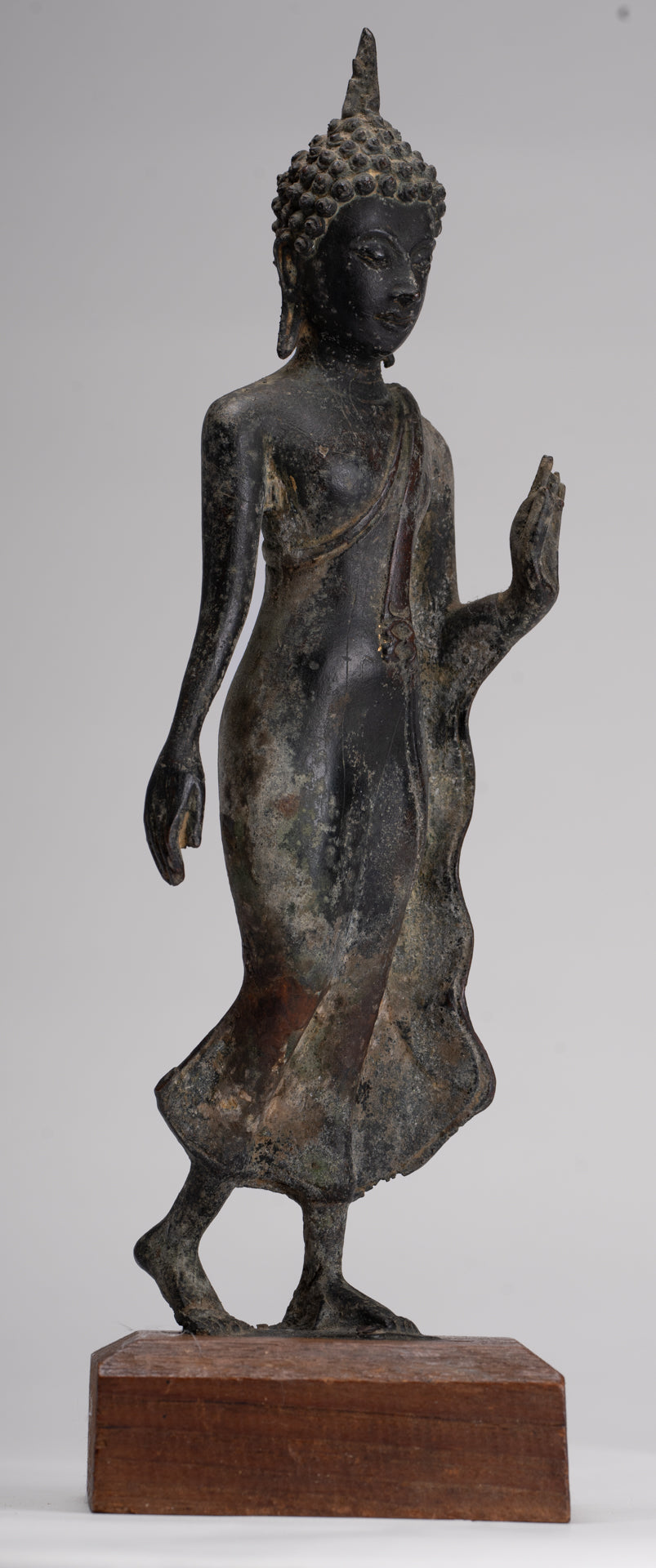 Antique Sukhothai Style Standing Bronze Protection Walking Buddha Statue - 31cm/12"