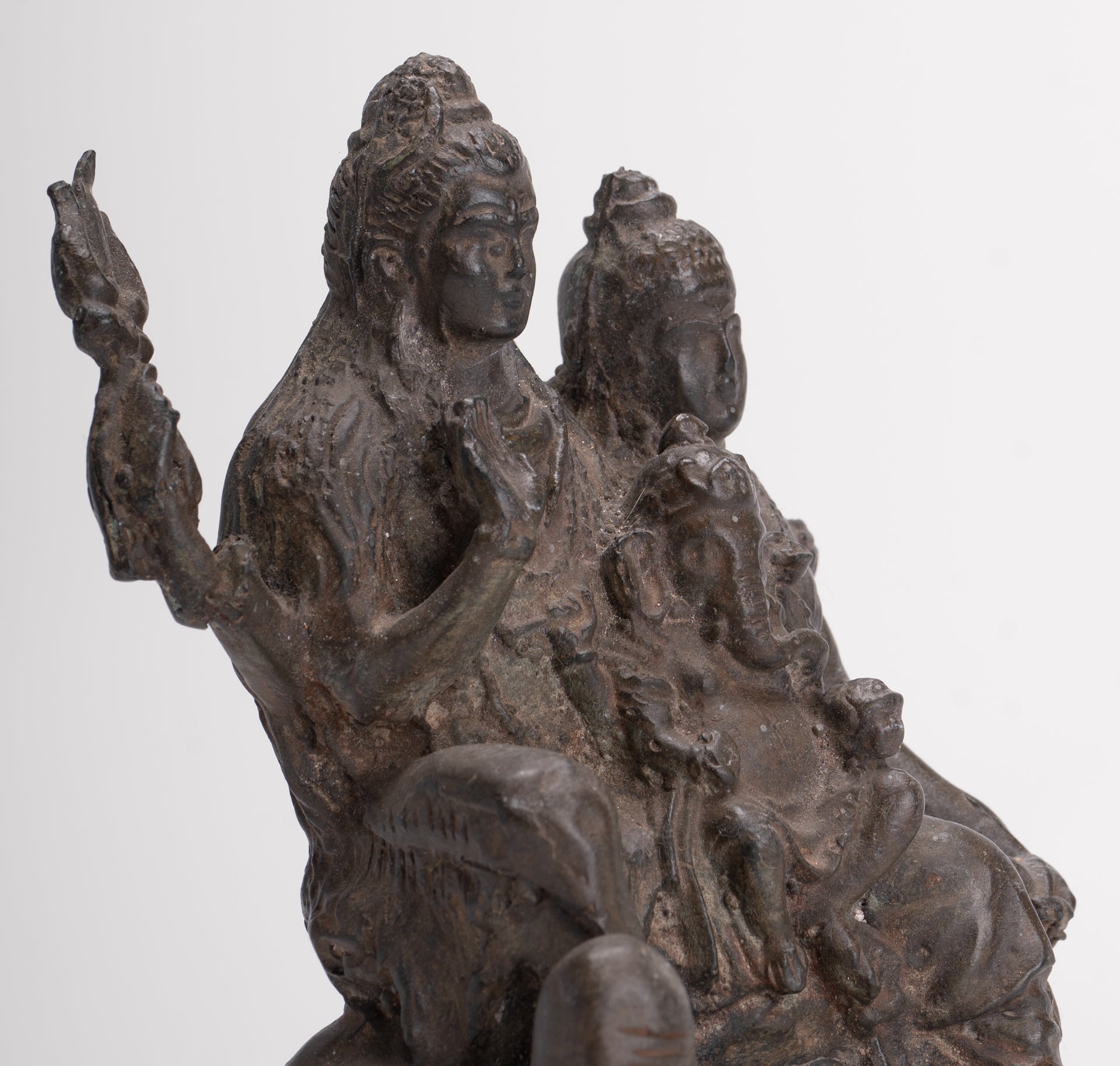 Shiva Statue - Antique Thai Style Bronze Shiva Parvati & Ganesha Statue - 15cm/6"