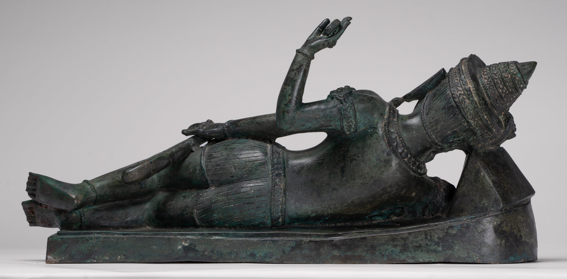 Antique Lopburi Style Thai Bronze Reclining Vishnu Statue - 55cm/22" Long
