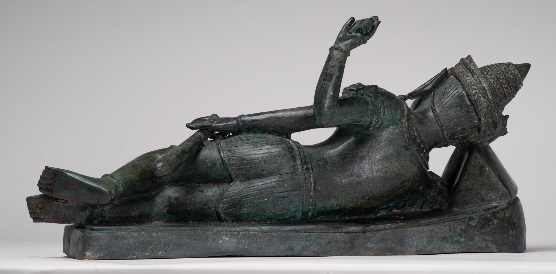 Antique Lopburi Style Thai Bronze Reclining Vishnu Statue - 55cm/22" Long