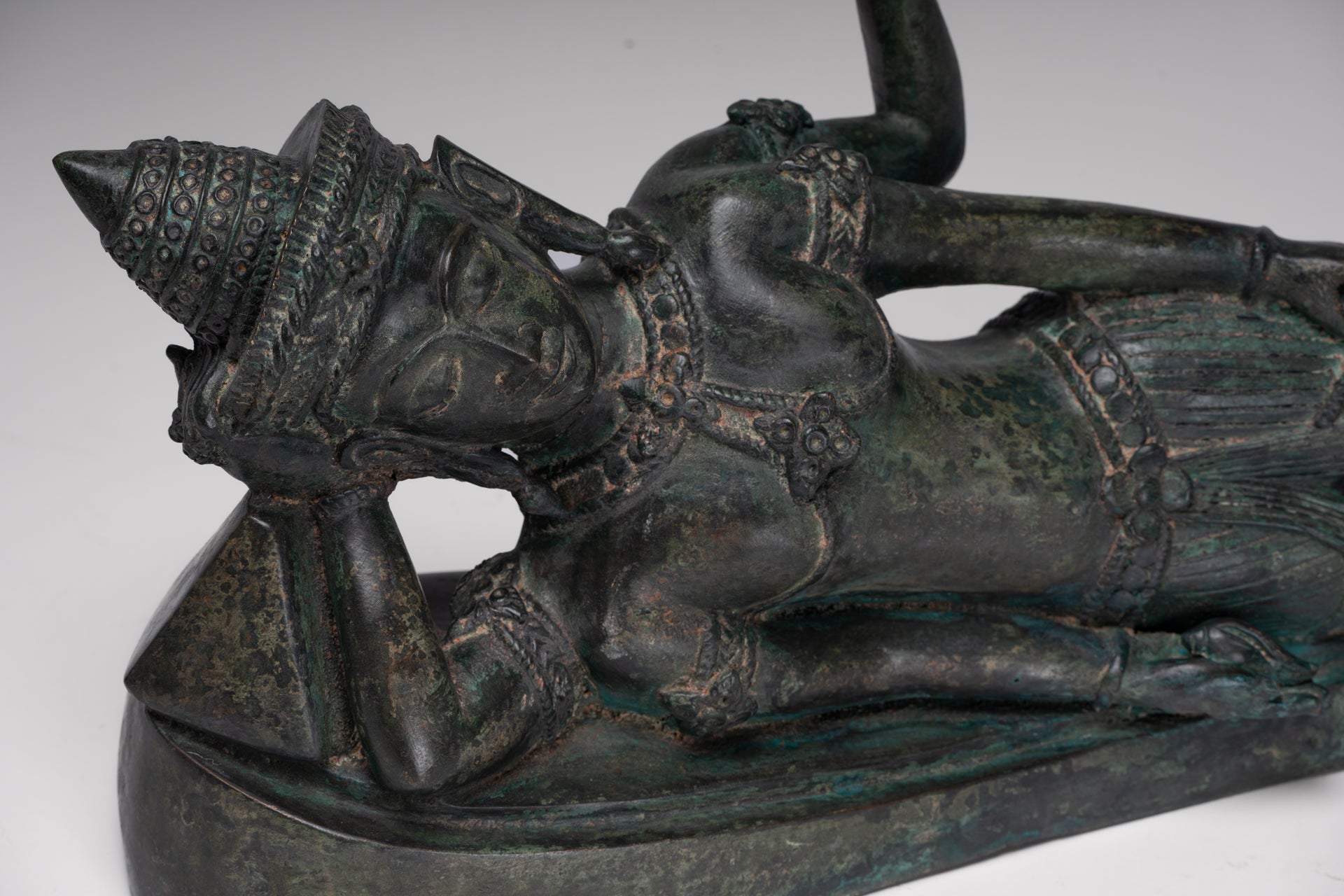 Antique Lopburi Style Thai Bronze Reclining Vishnu Statue - 55cm/22" Long