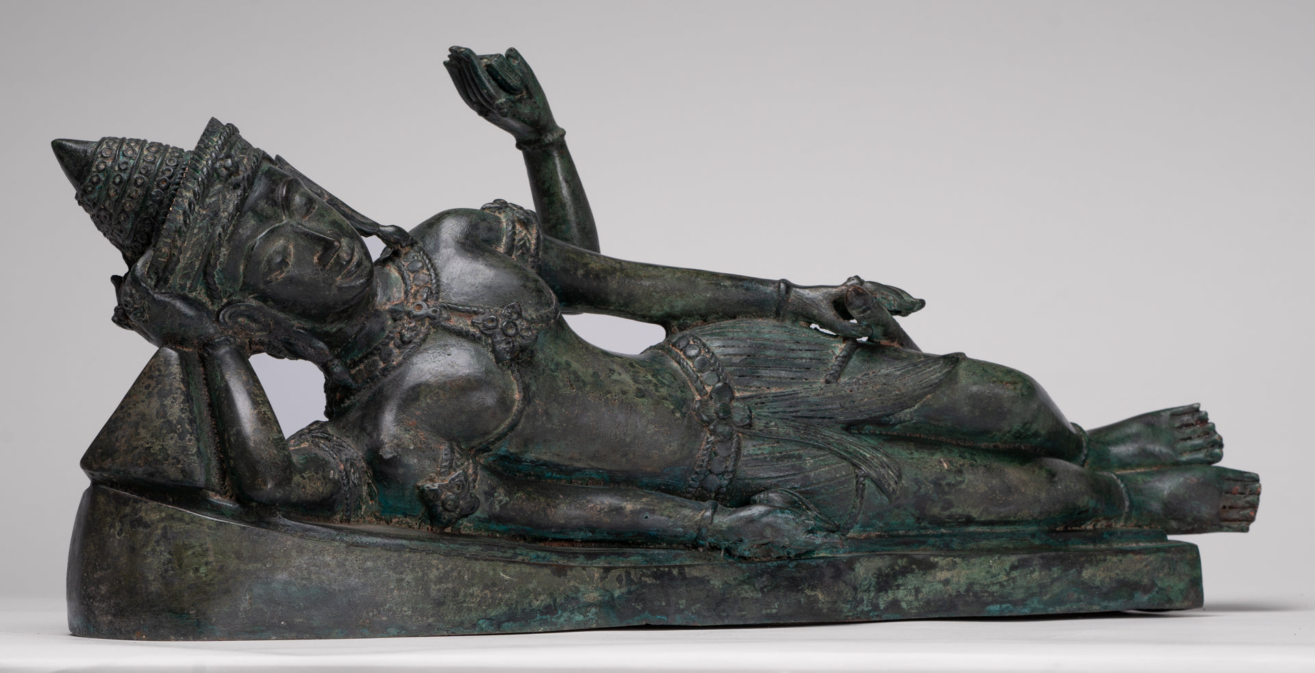 Antique Lopburi Style Thai Bronze Reclining Vishnu Statue - 55cm/22" Long