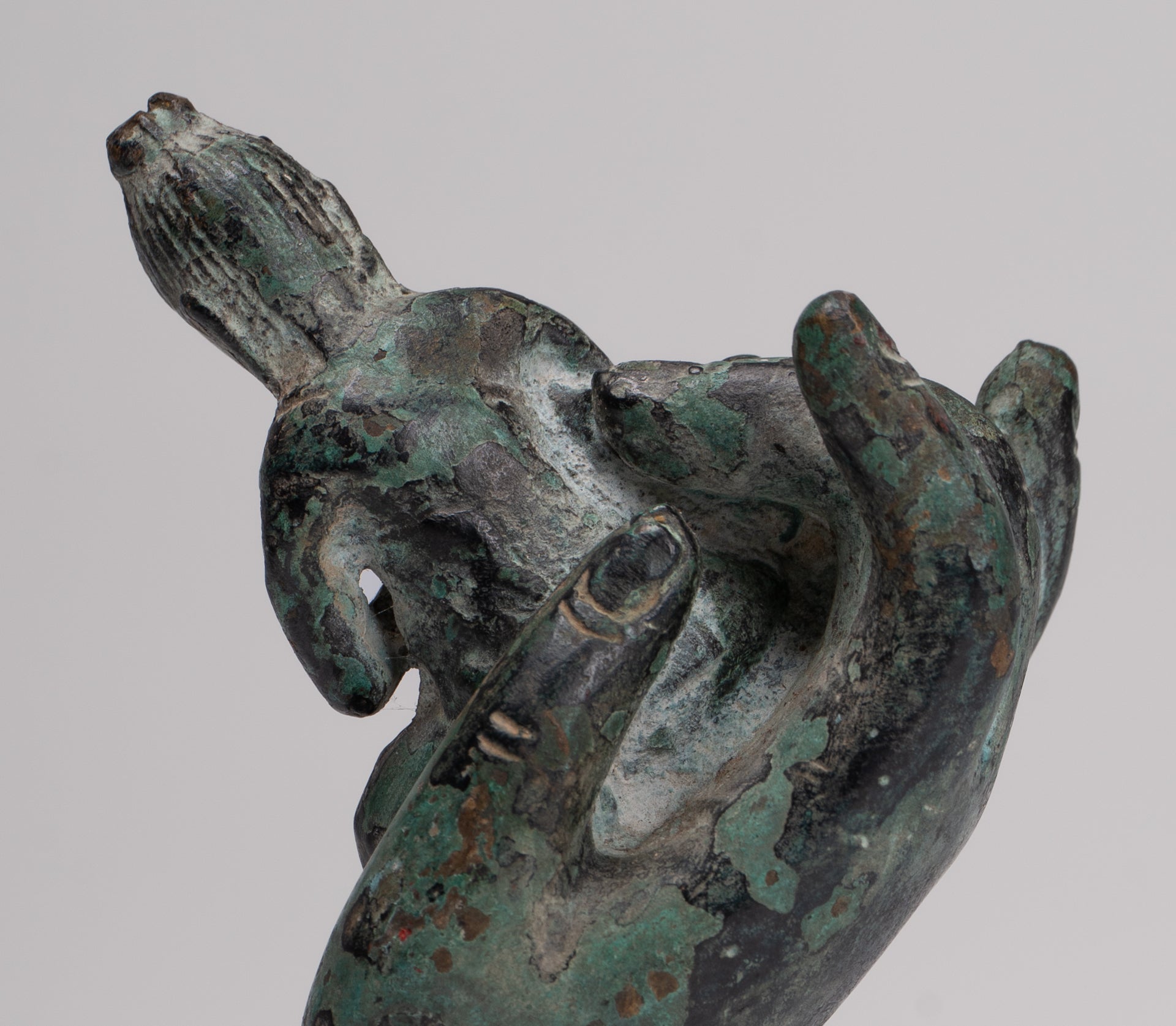 Rishi Statue - Antique Khmer Style Mounted Bronze Rishi or Wise Man in Hand - 17cm/7"