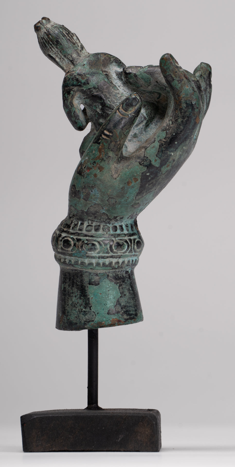 Rishi Statue - Antique Khmer Style Mounted Bronze Rishi or Wise Man in Hand - 17cm/7"