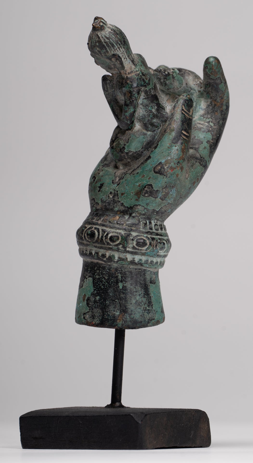 Rishi Statue - Antique Khmer Style Mounted Bronze Rishi or Wise Man in Hand - 17cm/7"