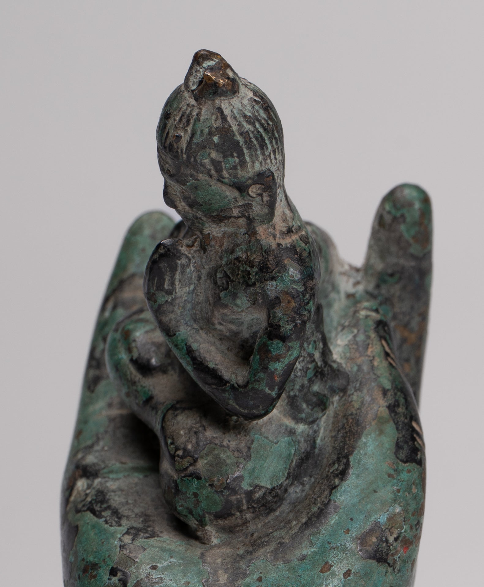 Rishi Statue - Antique Khmer Style Mounted Bronze Rishi or Wise Man in Hand - 17cm/7"